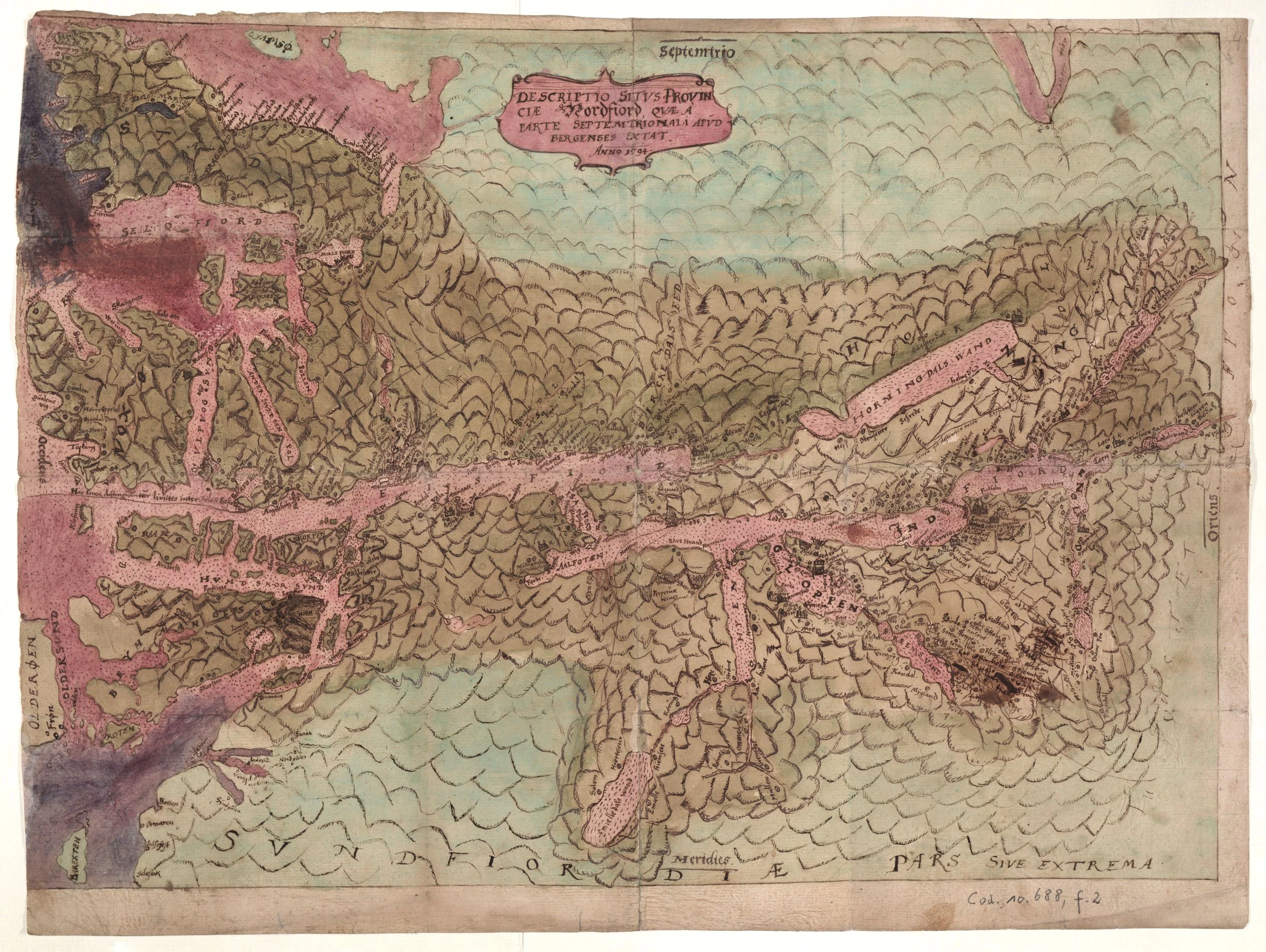 Håndtegnet Nordfjordkart fra 1594, bevart ved Österreichische Nationalbibliothek, med Nordfjordområdet og ytre kyststrøk.