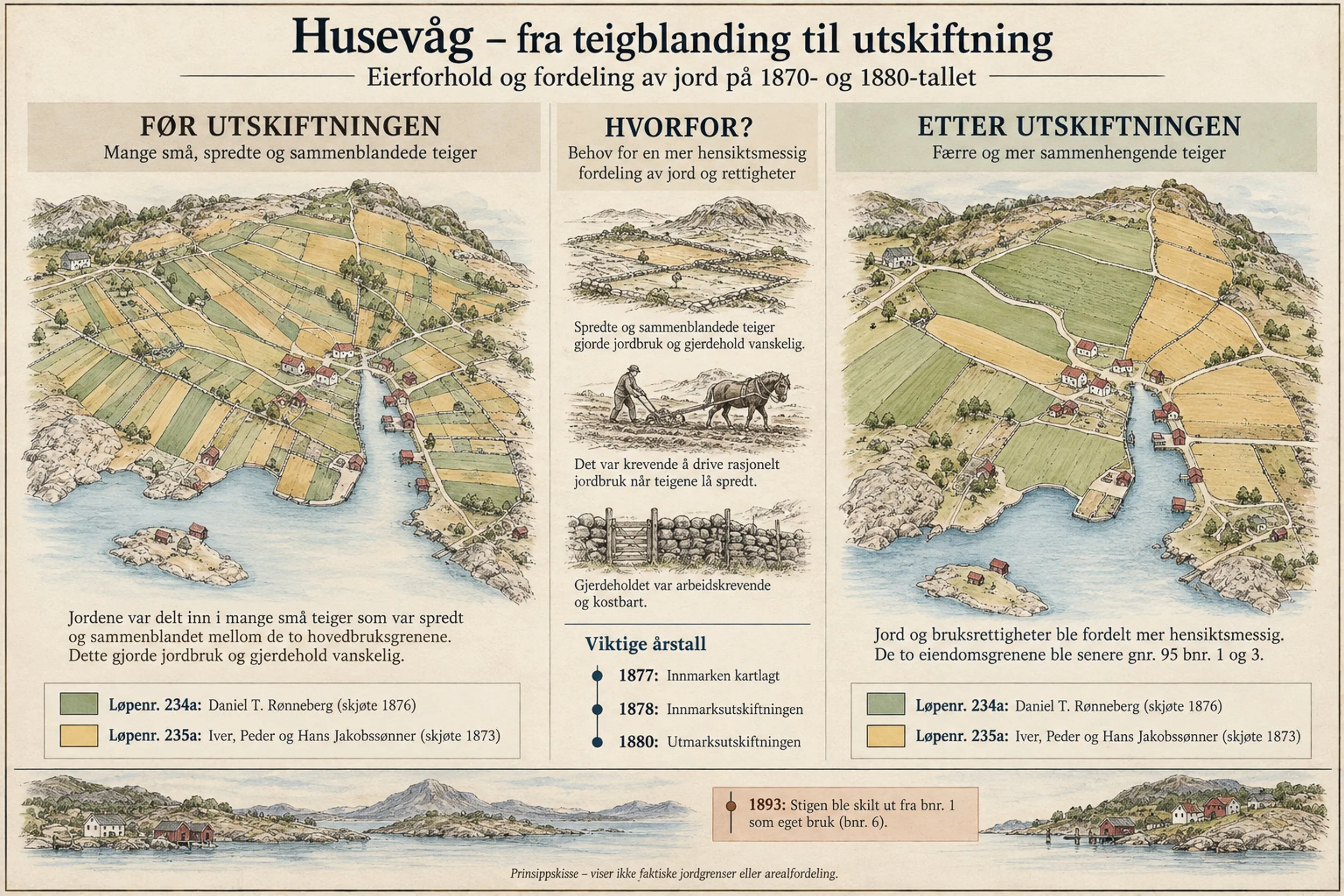 Forenklet historisk illustrasjon av Husevåg som viser mange små, sammenblandede jordteiger før innmarksutskiftningen og større, mer sammenhengende jordstykker etterpå.