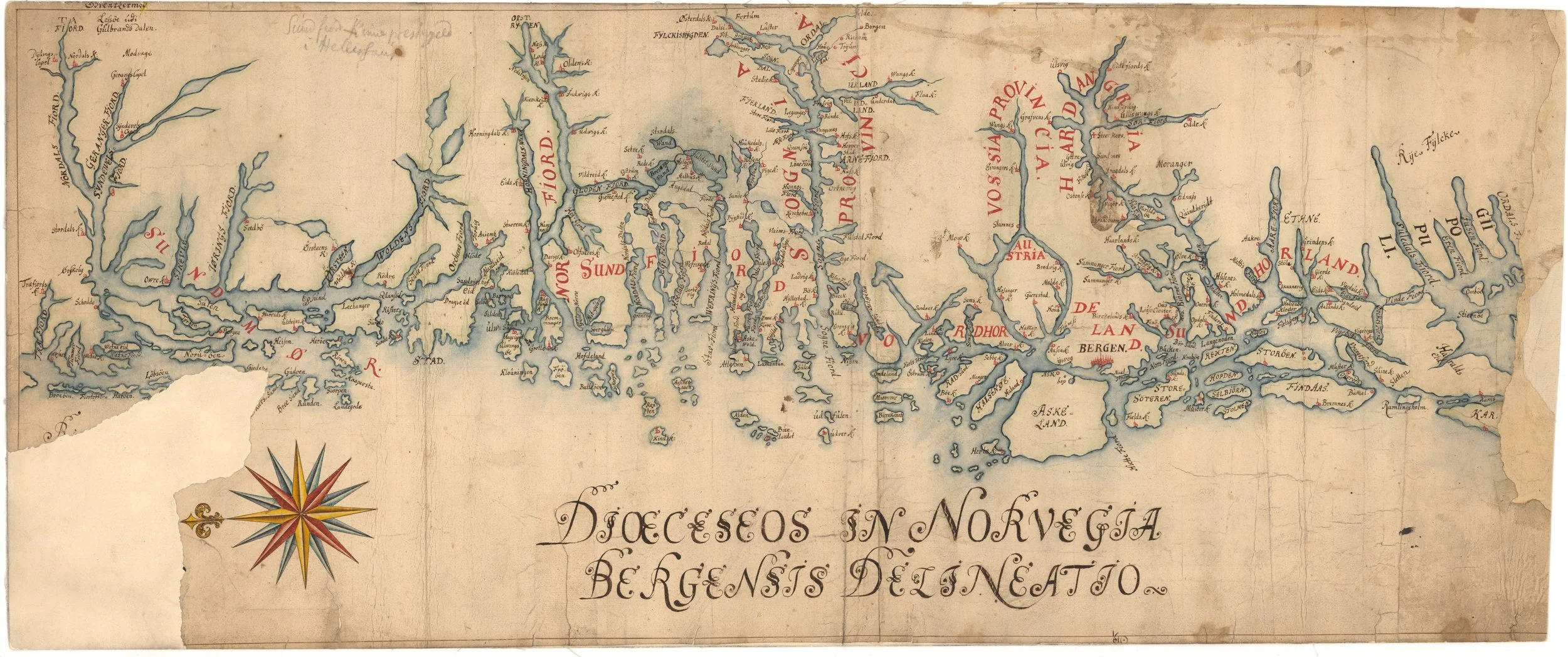 Håndtegnet historisk kystkart fra 1610 som viser kysten på Vestlandet fra området sør for Bergen til Stad, Nordfjord og Møre.