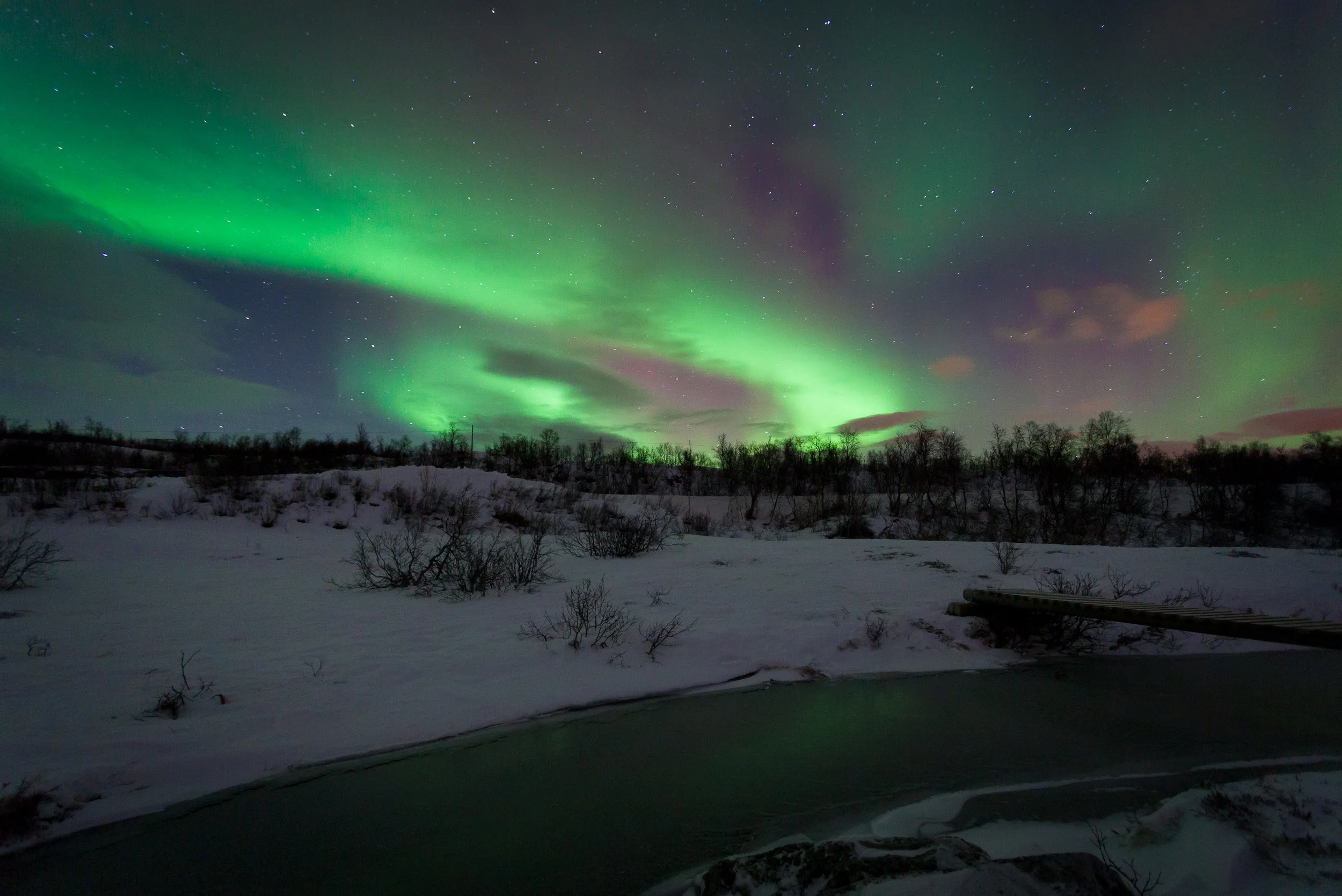 The northern lights are mirrored in a frozen river at Ringvassøya near Tromsø, green aurora bands reflecting in the ice between low Arctic hills and winter birch trees.