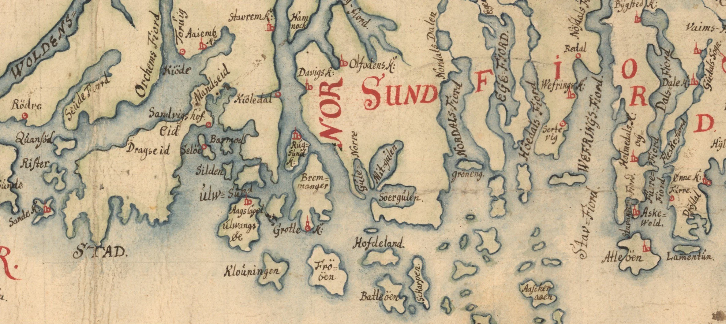 Detaljutsnitt fra historisk kystkart fra 1610 med ytre Nordfjord, Vågsøy, Ulvesund, Bremanger og Husevågøy-området.