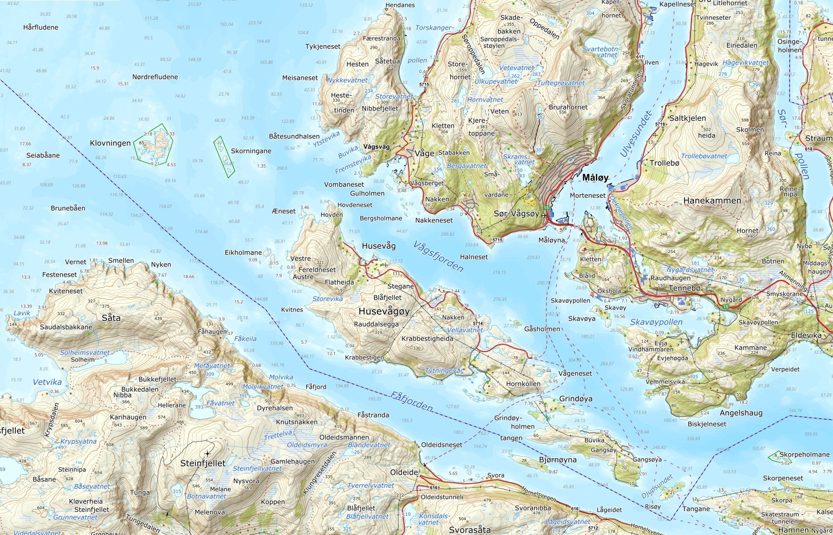 Moderne kartutsnitt av Husevågøy, Vågsfjorden, Fåfjorden, Vågsøy og Bremangerlandet i ytre Nordfjord.