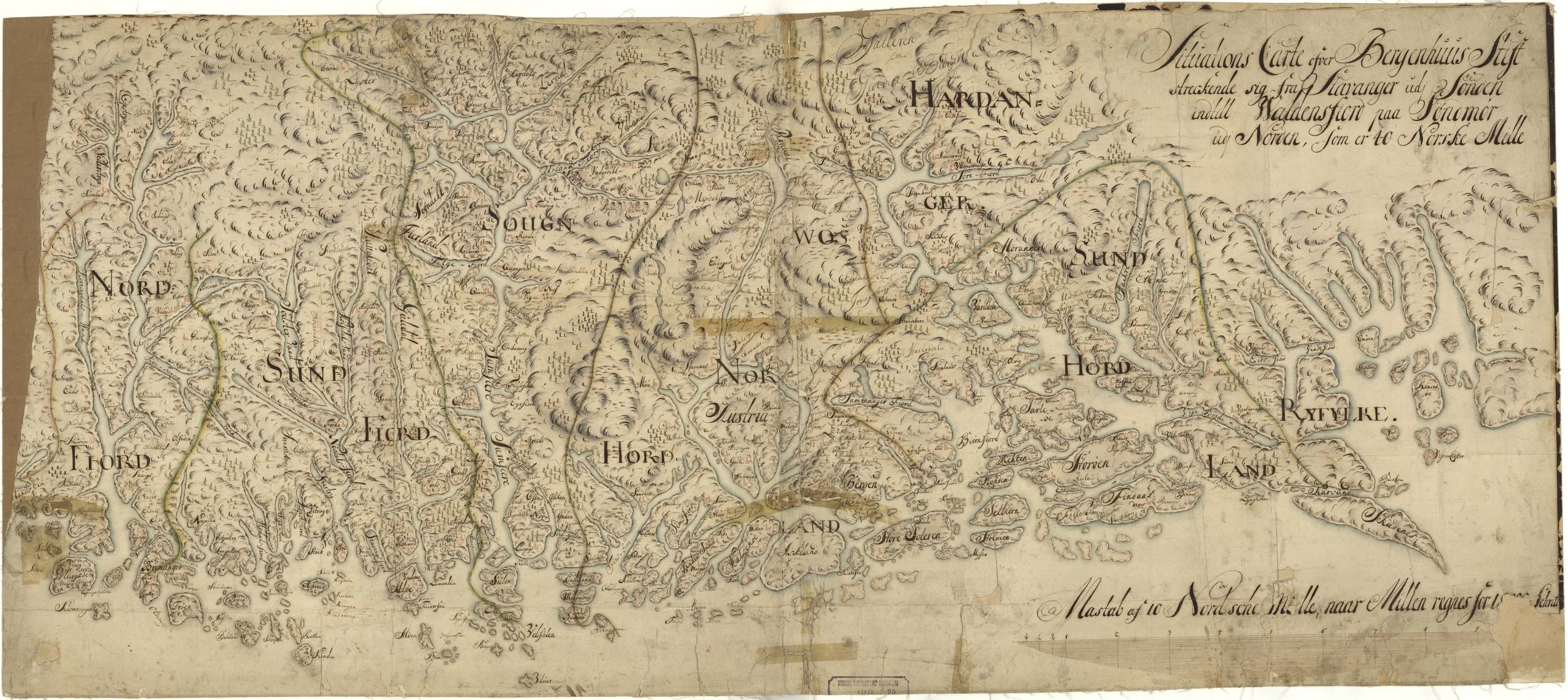 Håndtegnet historisk kart over Bergenhus stift, oppgitt til 1700, med Vestlandet fra Ryfylke og Hardanger til Sogn, Sunnfjord og Nordfjord.