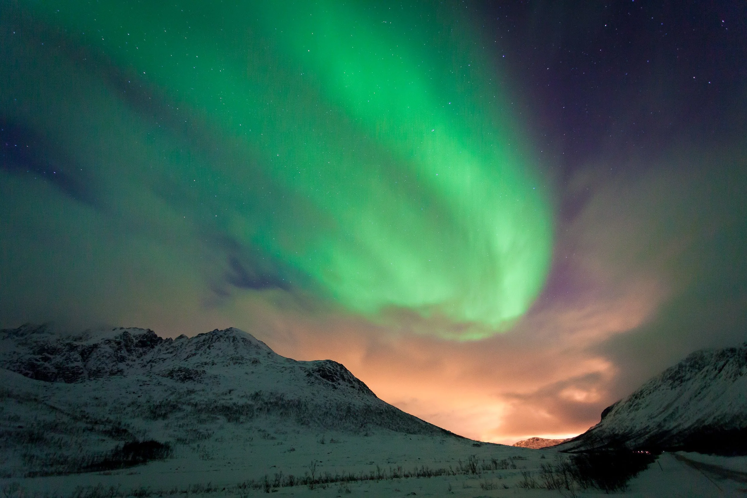 Green curtains of northern lights drift over Kvaløya near Tromsø, glowing above low snowy mountains and a dark Arctic shoreline under a clear winter sky.