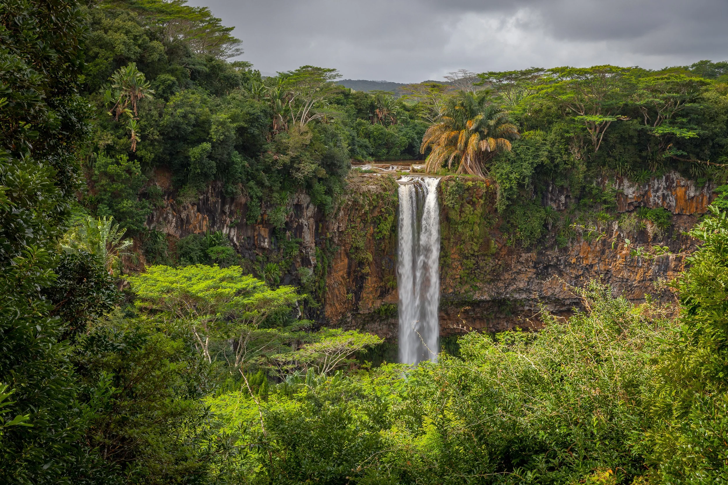 Chamarel Waterfall plunging down a sheer cliff into dense rainforest, framed by tropical trees under a moody sky in Mauritius.