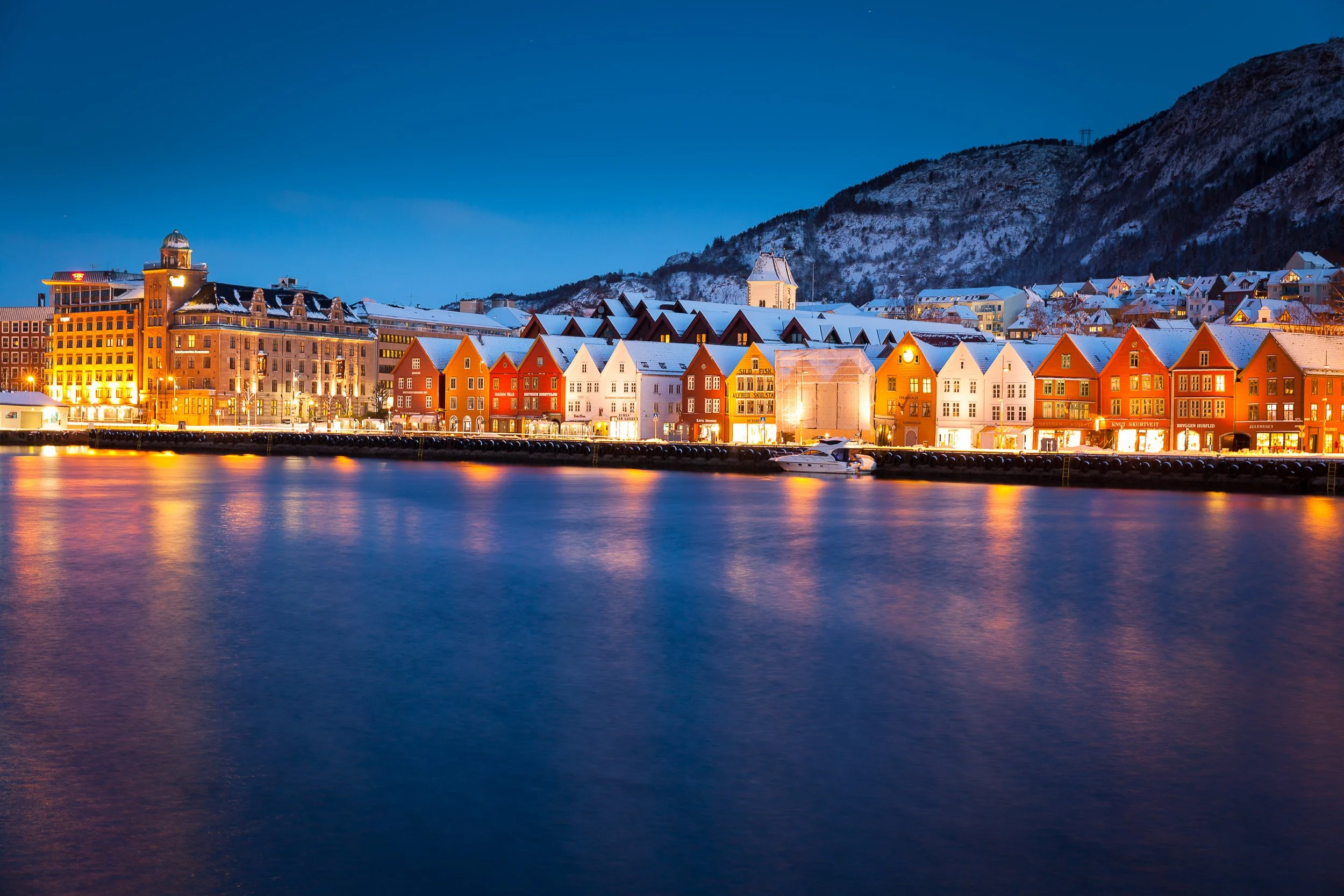 UNESCO-listed Bryggen at night—historic Hanseatic wharf, Bergen, Norway
