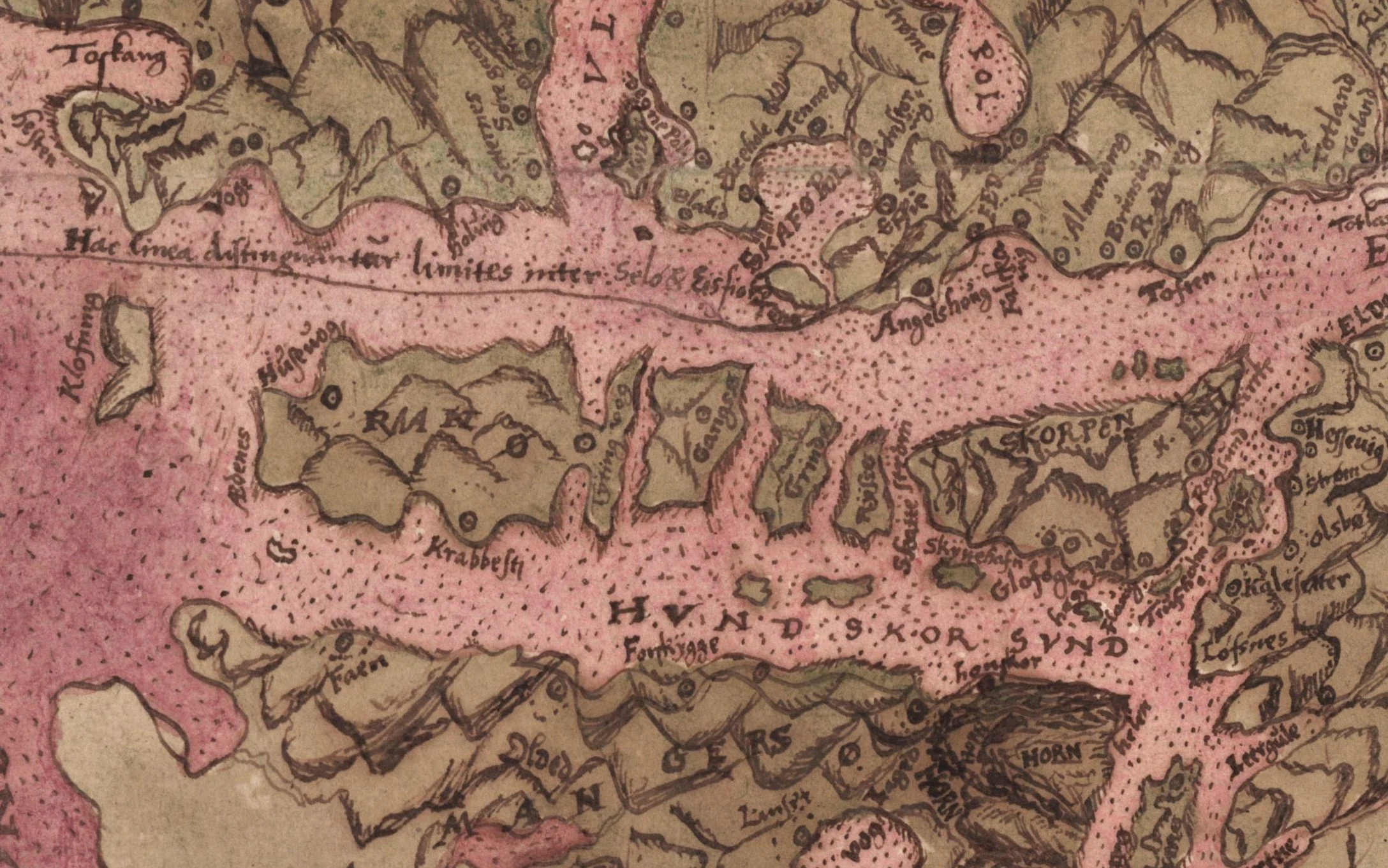 Detaljutsnitt av Nordfjordkartet fra 1594 der Husevåg er skrevet som Huseuog.