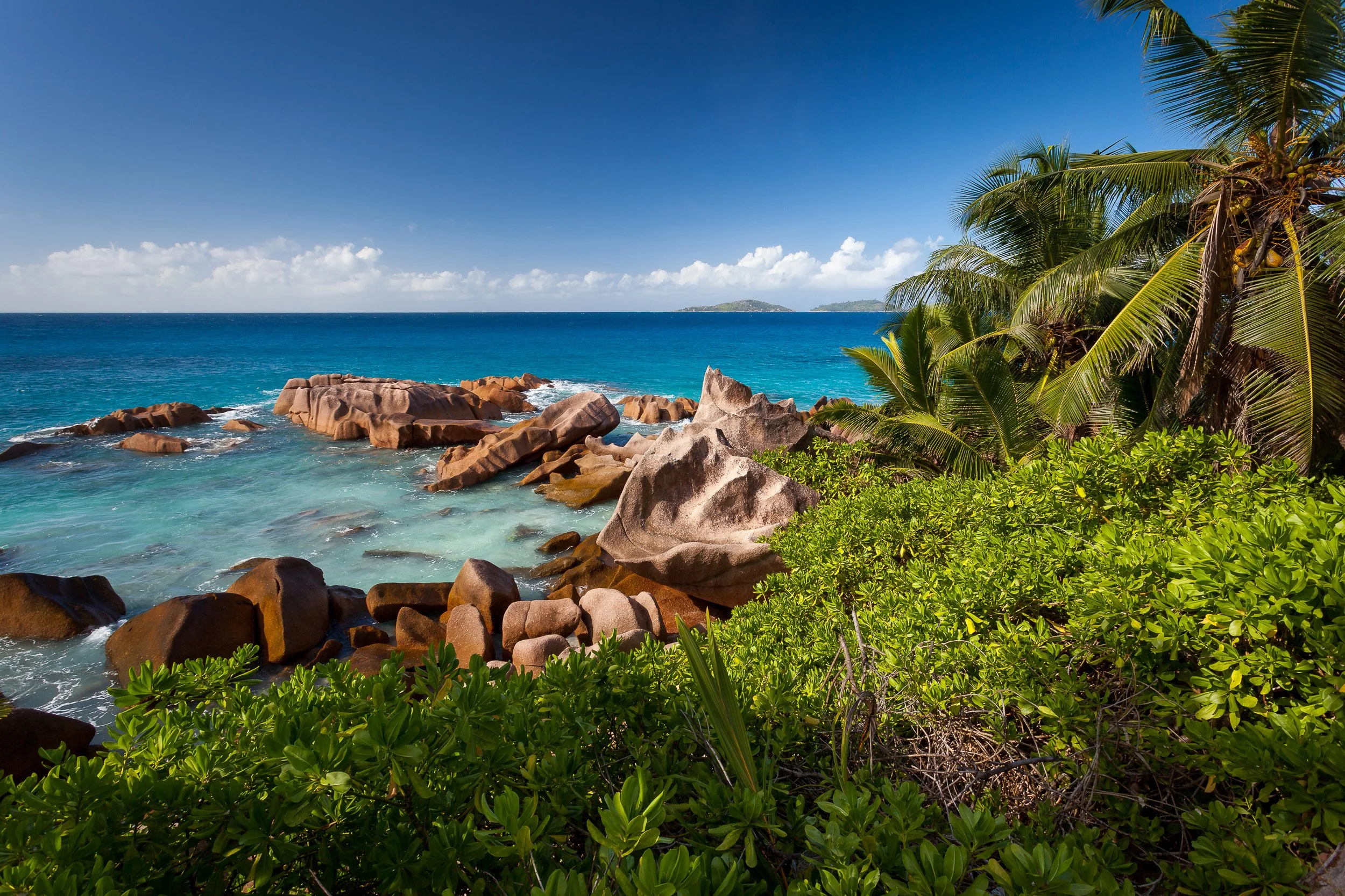La Digue coastline, Seychelles – turquoise Indian Ocean washing around sculpted granite boulders with lush green shrubs and palm trees under a clear blue sky.