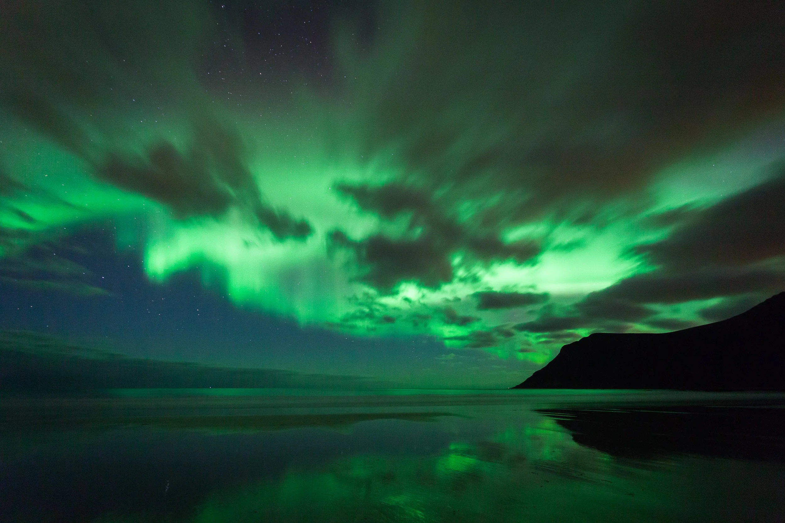 Northern lights (aurora borealis) in the Lofoten Islands, Norway – green curtains of light above mountains and open sea in the Arctic night.