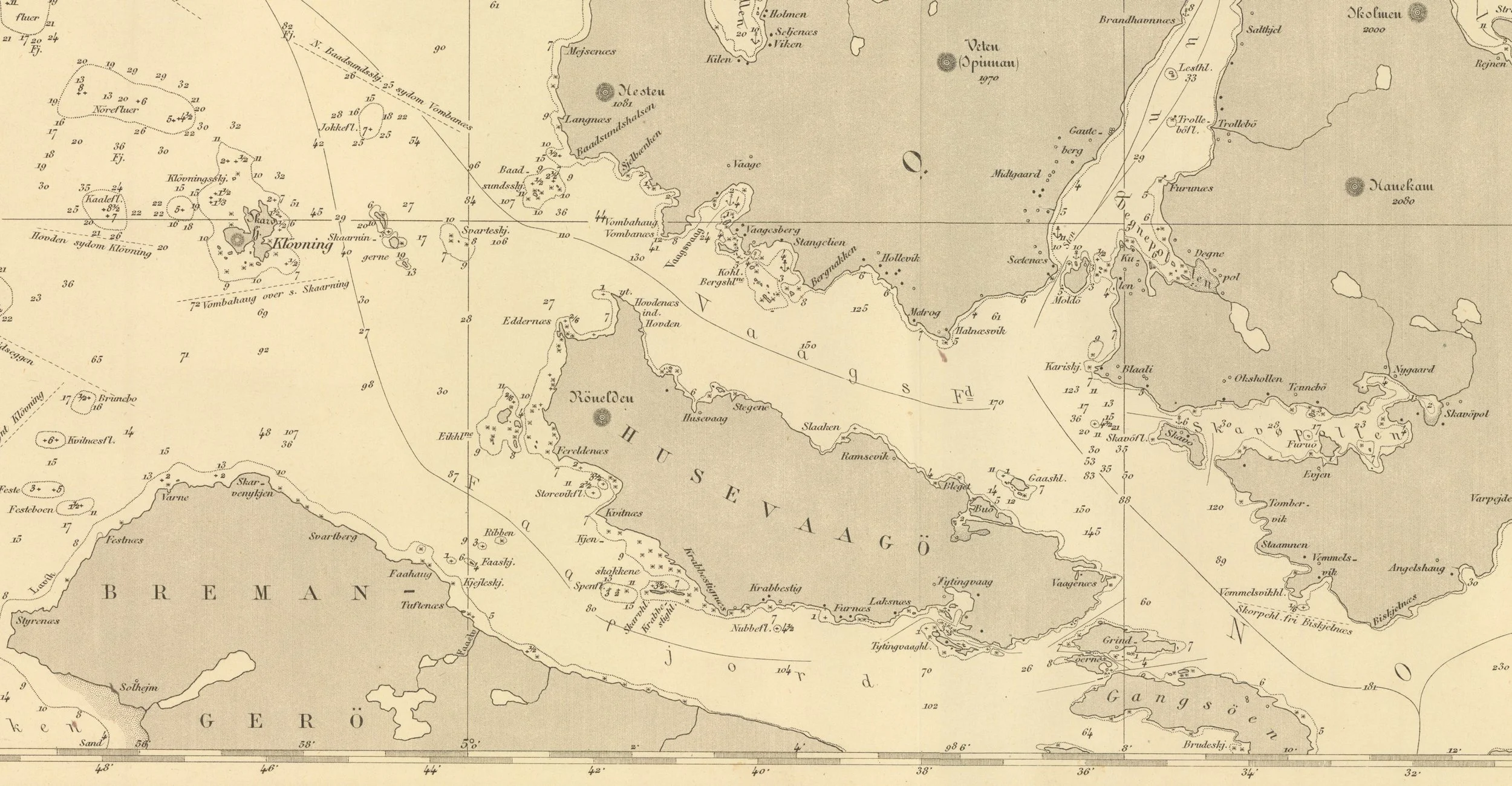 Detaljutsnitt fra historisk sjøkart fra 1874 med Husevågøy skrevet som Husevaagö, Vågsfjorden, Klovningen og Bremangerlandet.