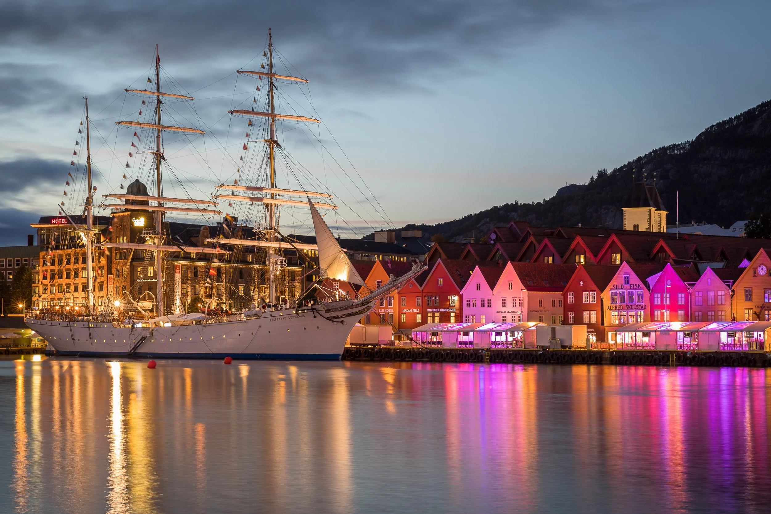 UNESCO-listed Bryggen at night—historic Hanseatic wharf, Bergen, Norway
