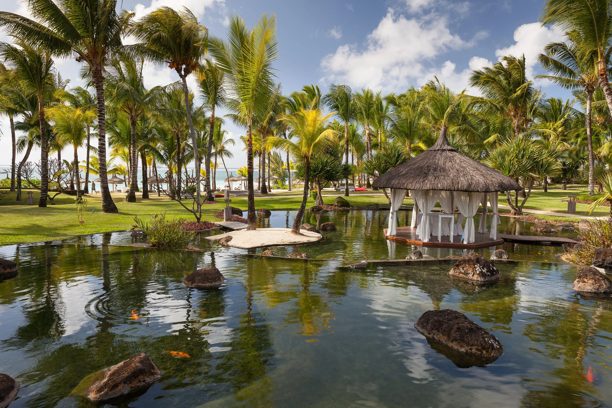 Ornamental pond with orange goldfish and a thatched pavilion set in manicured lawns and palms at LUX* Belle Mare on Mauritius.
