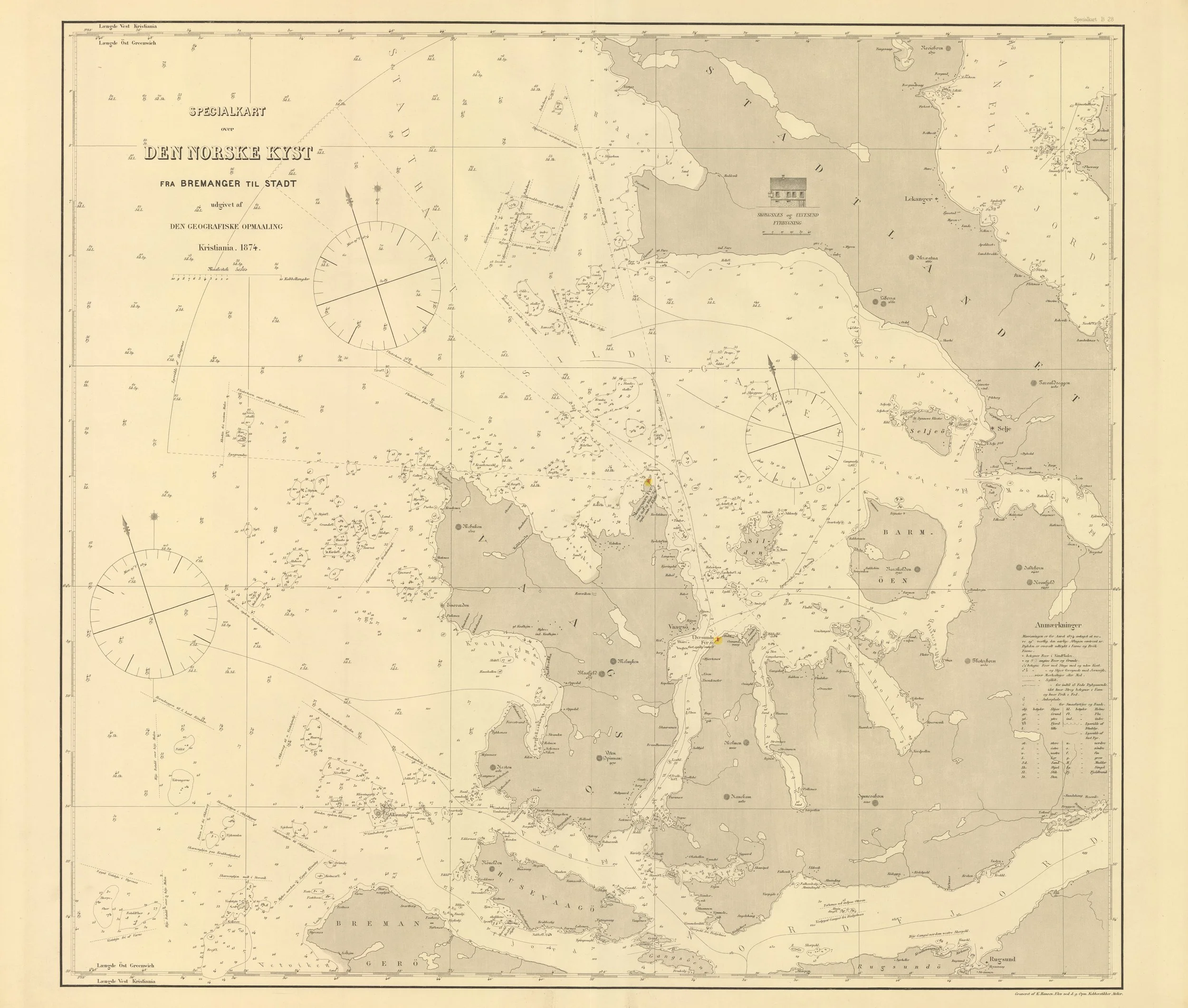 Historisk sjøkart fra 1874 over kysten fra Bremanger til Stad, med ytre Nordfjord, Vågsfjorden, Husevågøy og farvannet rundt.
