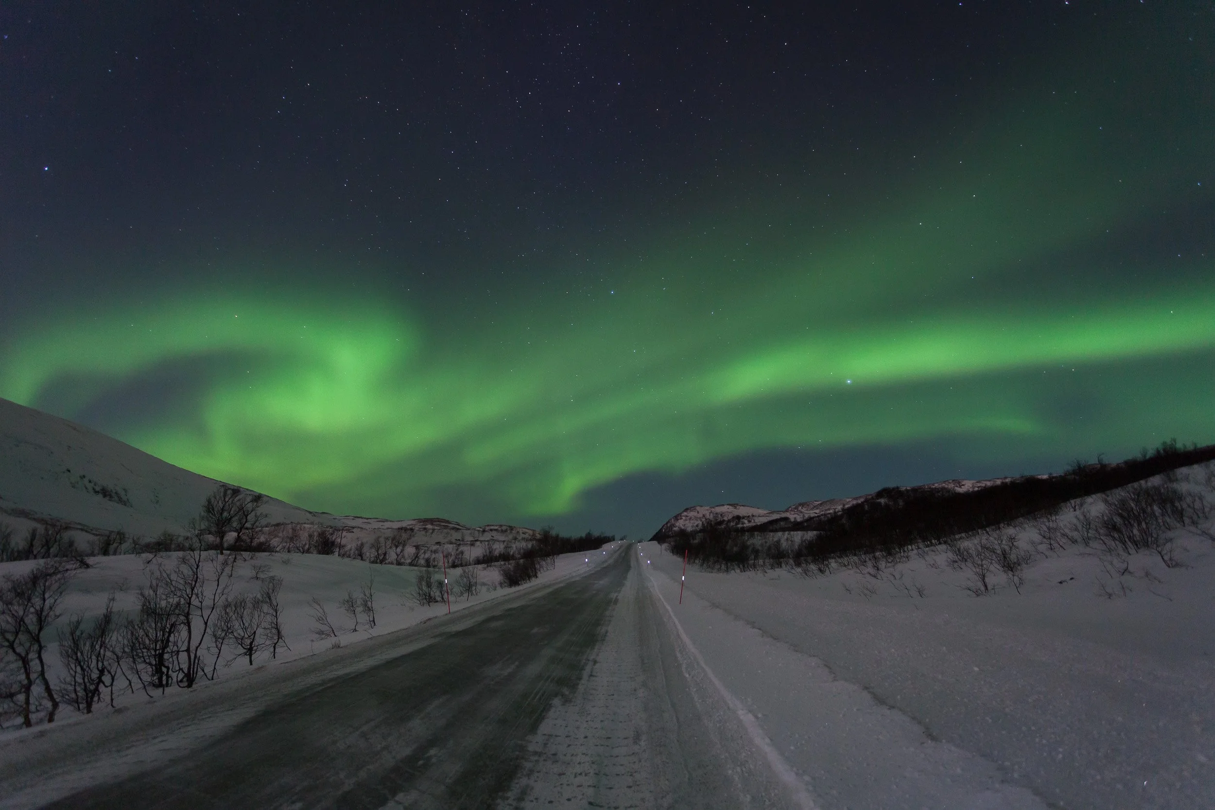 Northern Lights over the road to Tromsø in Northern Norway – an empty, ice-covered highway leads into the distance under a glowing green aurora and a star-filled Arctic sky.