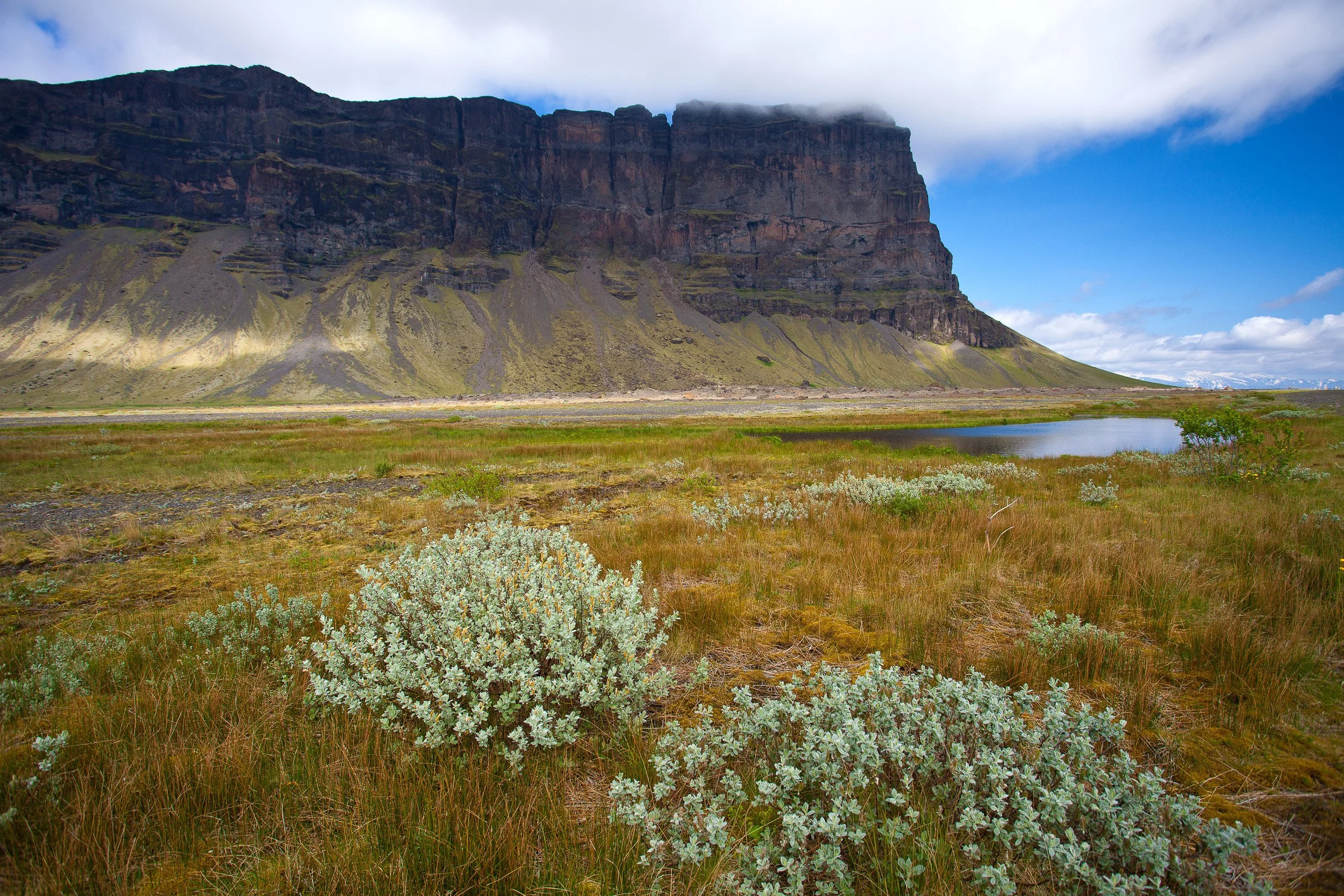 A massive, flat-topped mountain wall capped with low cloud, mirrored by a still pool and wide grasslands stretching into the distance.