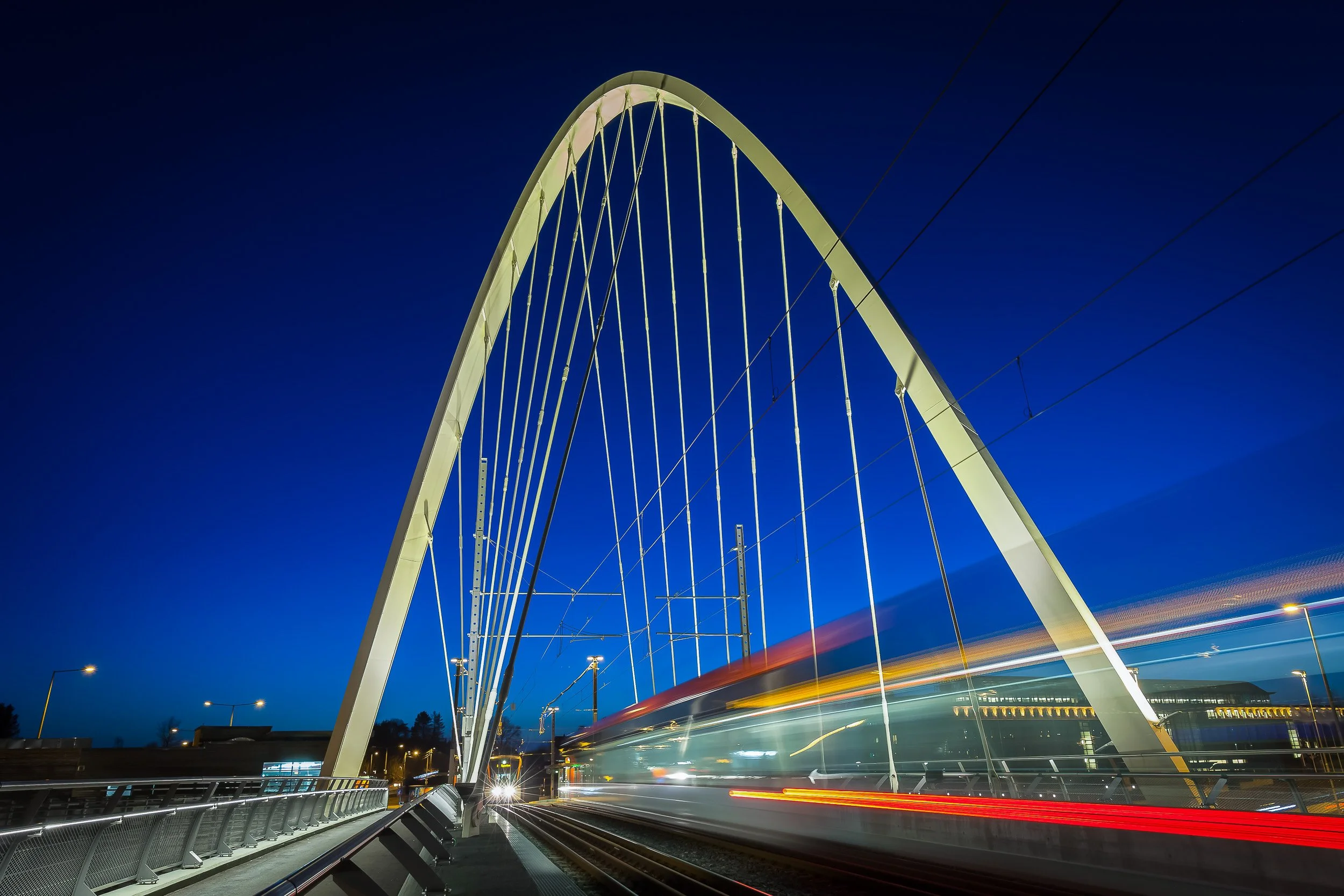 Bybanen bridge over Birkelandskrysset—night light trails, Bergen, Norway