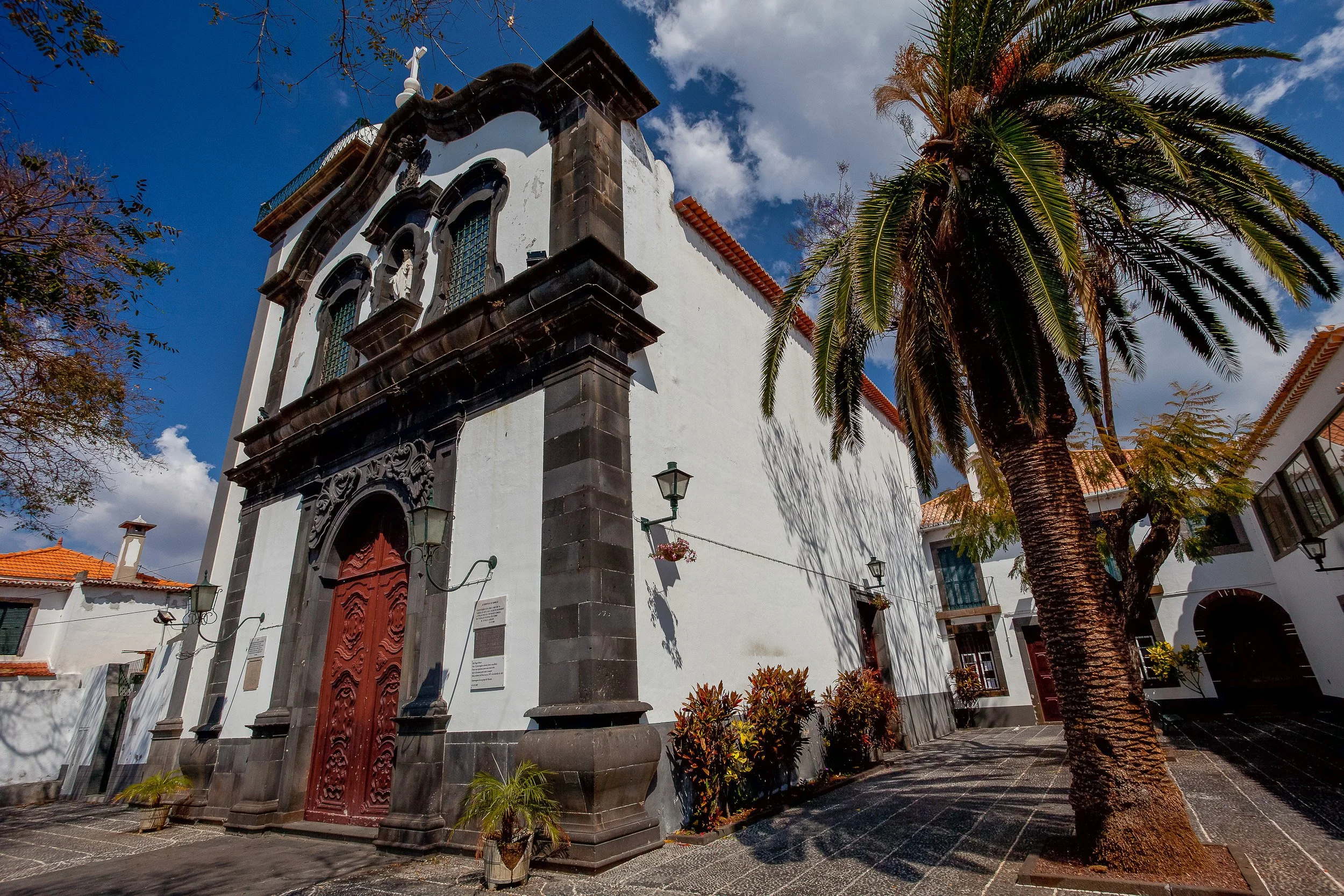 A whitewashed church in Funchal framed by black volcanic stone, carved wooden doors and the strong shadow of a palm tree under a bright Madeiran sky.