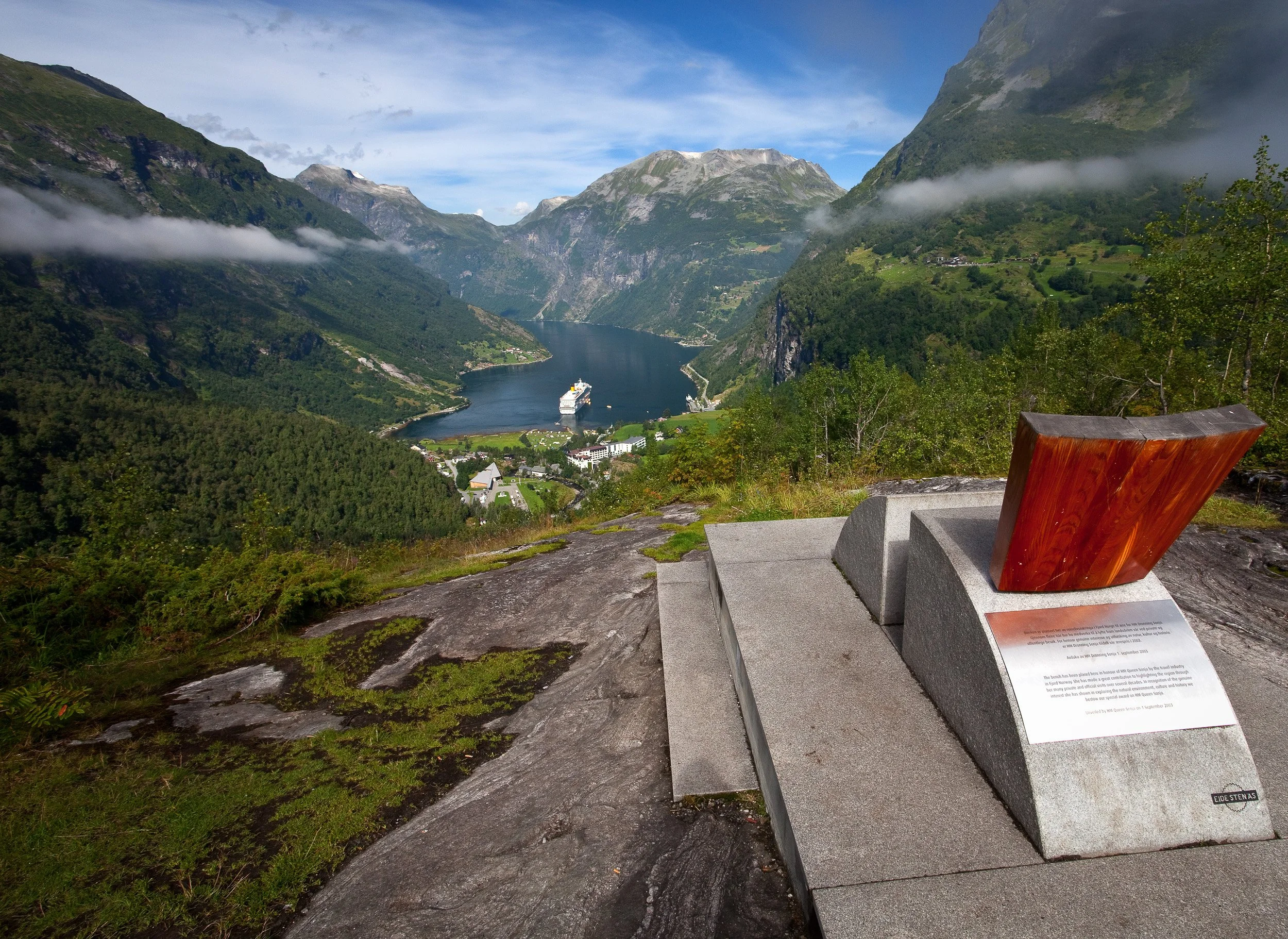 Classic view from Flydalsjuvet, looking out over the Geirangerfjord — a legendary panorama of water, cliffs and distant peaks.