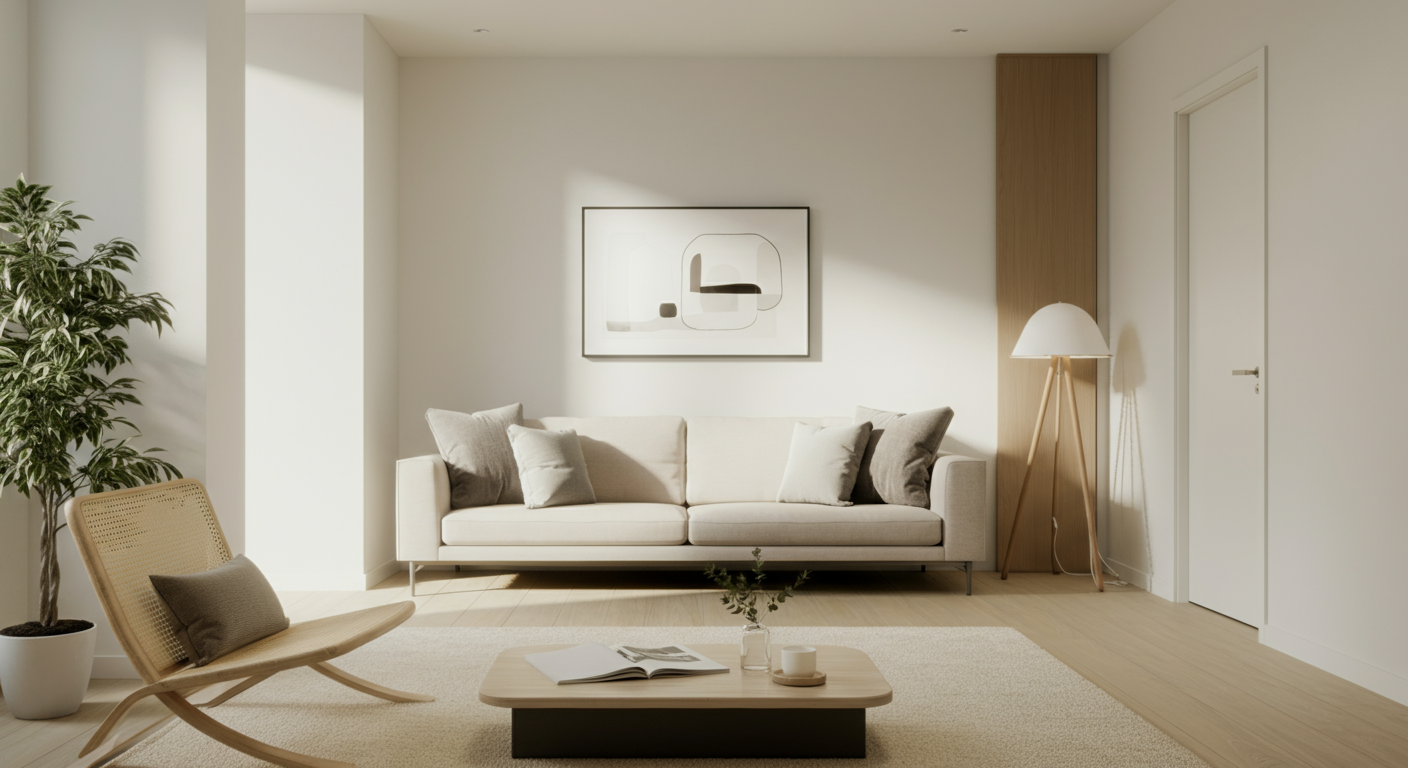 A minimalist living room with a white sofa, beige and gray pillows, a wicker chair with a gray pillow, a potted plant, a wooden coffee table with a book, plant, and candle, a floor lamp, framed artwork, and a wooden accent wall.