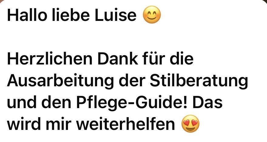 Screenshot einer Kundennachricht: Eine Kundin bedankt sich für die Ausarbeitung der Stilberatung und den Pflege-Guide.