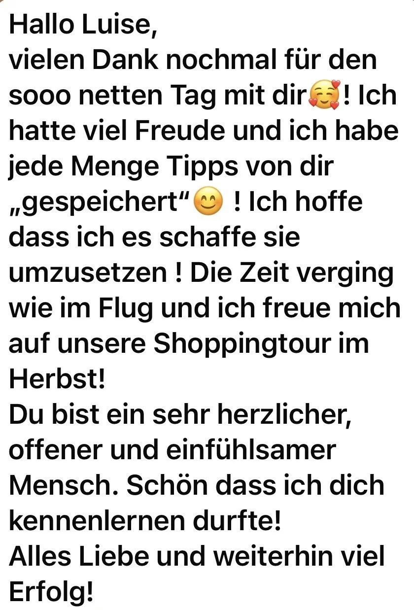 Screenshot einer Kundennachricht: Eine Kundin bedankt sich für den herzlichen Beratungstag, die vielen Tipps und freut sich auf eine Shoppingtour.