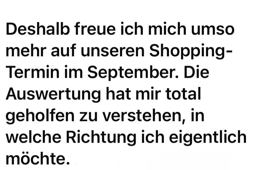 Screenshot einer Kundennachricht: Eine Kundin schreibt, dass die Auswertung ihr geholfen hat, ihre Stilrichtung besser zu verstehen.