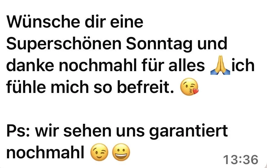 Screenshot einer Kundennachricht: Eine Kundin bedankt sich nach der Beratung und schreibt, dass sie sich befreit fühlt.