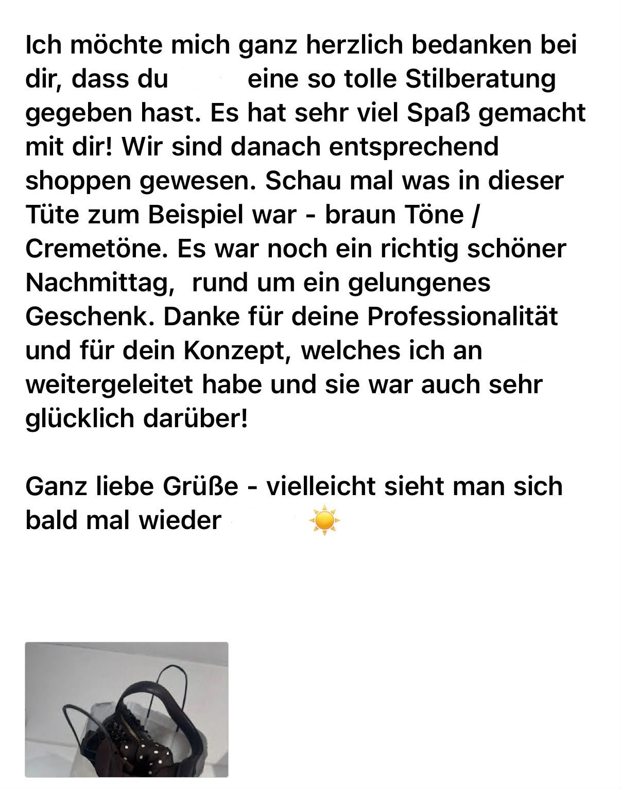 Screenshot einer Kundennachricht: Eine Kundin bedankt sich bei Luise für die Stilberatung, lobt ihre Professionalität und berichtet von erfolgreichem Shopping in Braun- und Cremetönen.