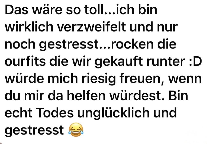 Screenshot einer Kundennachricht: Eine Kundin beschreibt Unsicherheit mit Outfits und freut sich über Luises Unterstützung.