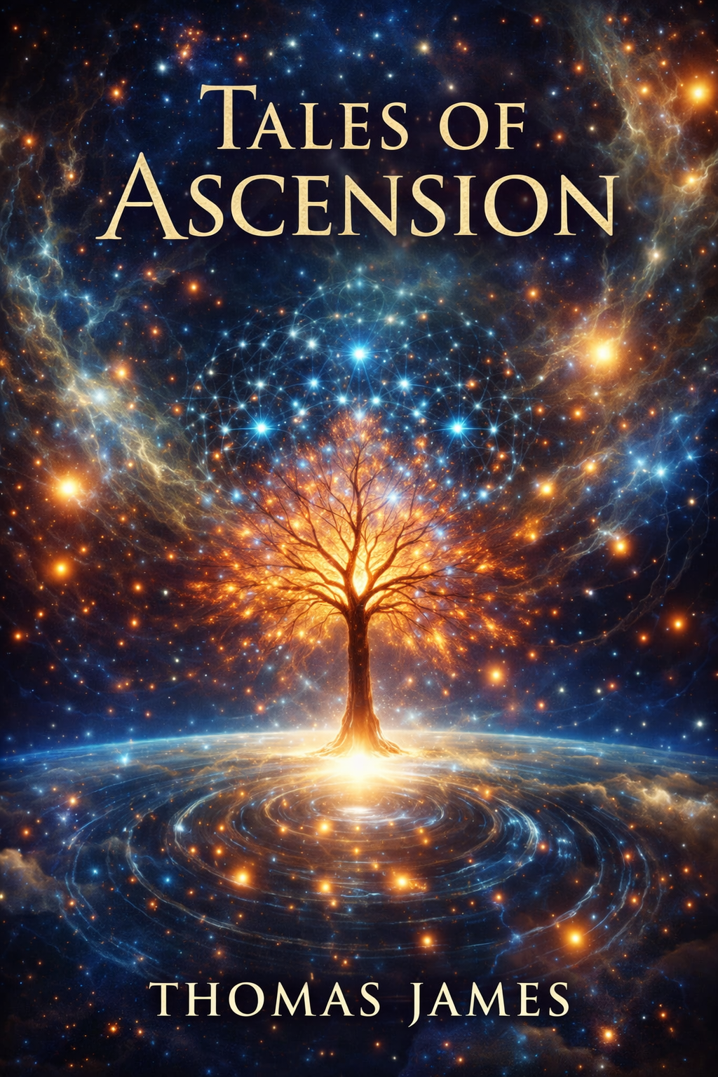 Cover of the book 'Tales of Ascension' by Thomas James, depicting a cosmic scene with a glowing tree in space, surrounded by stars and swirling galaxy patterns.