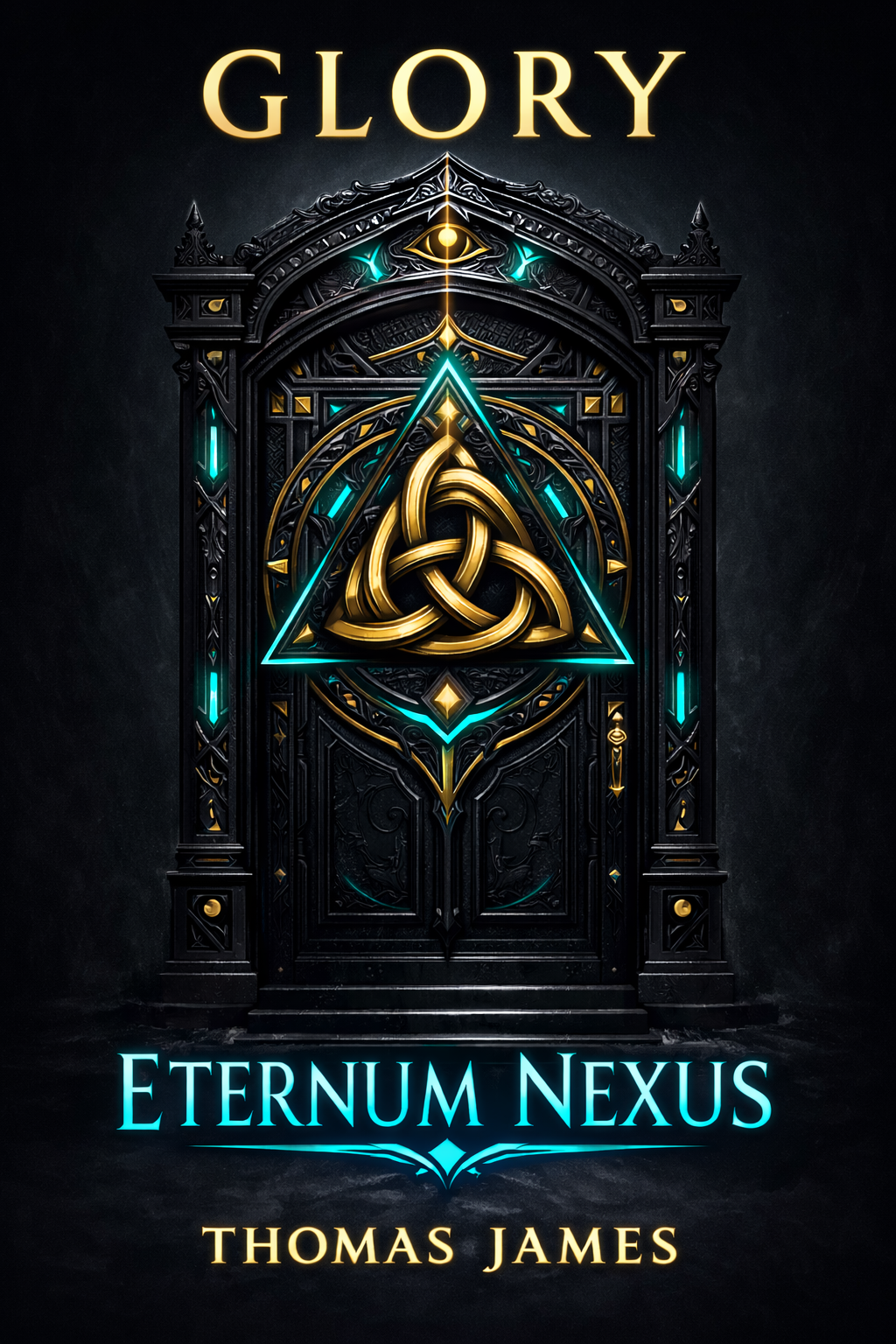 Book cover reading “Glory: Eternum Nexus” by Thomas James, featuring an ornate black door with teal glowing accents and a golden three-strand knot inside a luminous teal triangle.