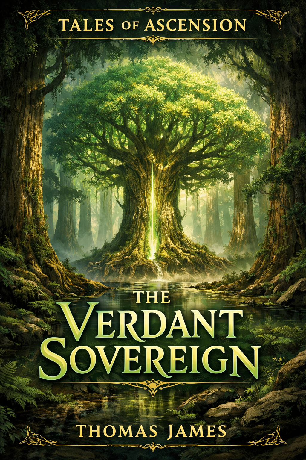 Book cover for "The Verdant Sovereign" showing a large, lush green tree with sunlight filtering through the leaves, set in a forest with a stream.