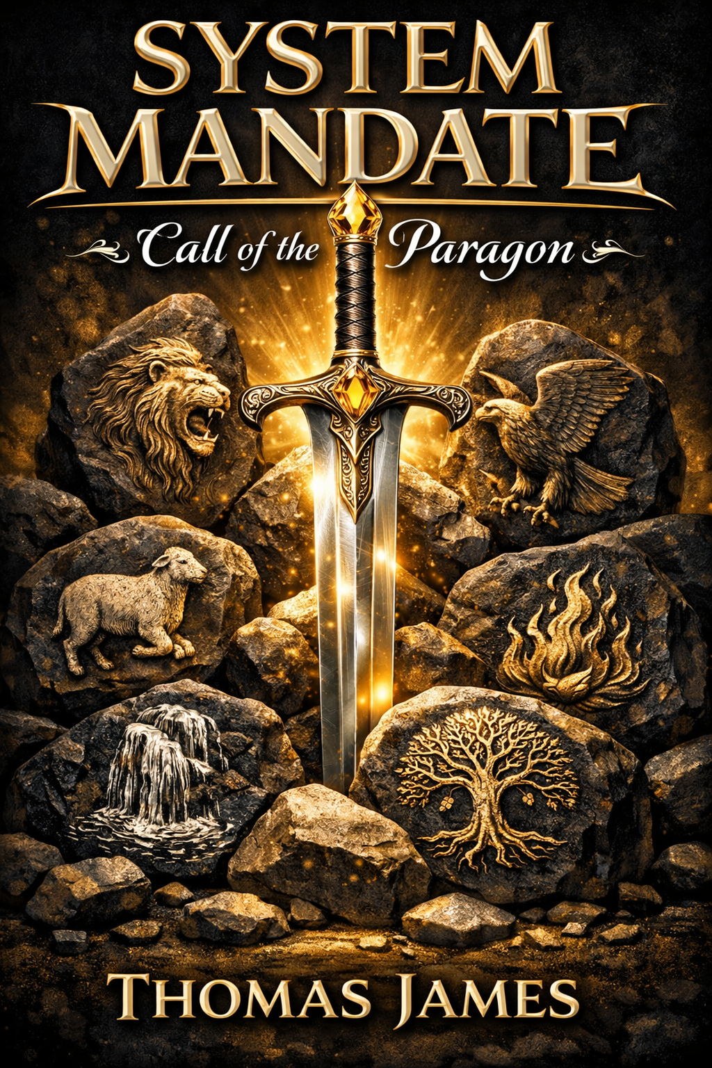 Book cover reading “System Mandate: Call of the Paragon” by Thomas James, showing a glowing gold-and-silver sword among dark stones carved with a lion, eagle, lamb, fire, waterfall, and tree.