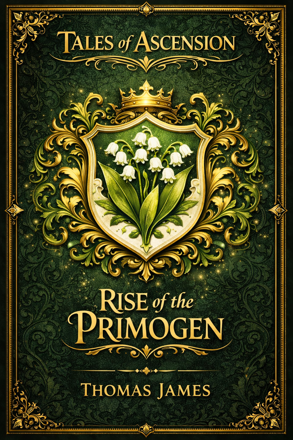 Green-and-gold book cover reading “Tales of Ascension: Rise of the Primogen” by Thomas James, featuring an ornate gilded frame and a crowned shield with white bell-shaped flowers and green leaves.