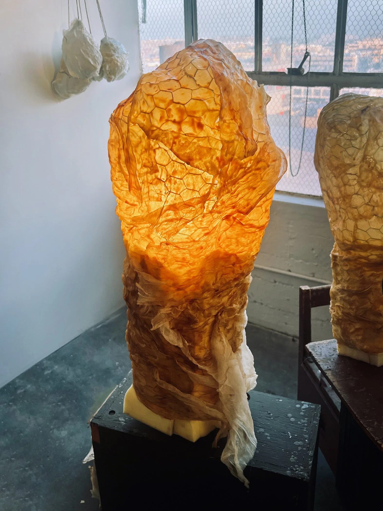 Artistic light sculpture, organic form using foam, wire, and silk fabric. Contemporary lighting design by Frankie Holt.
"Table Light | TWO"
$2,000