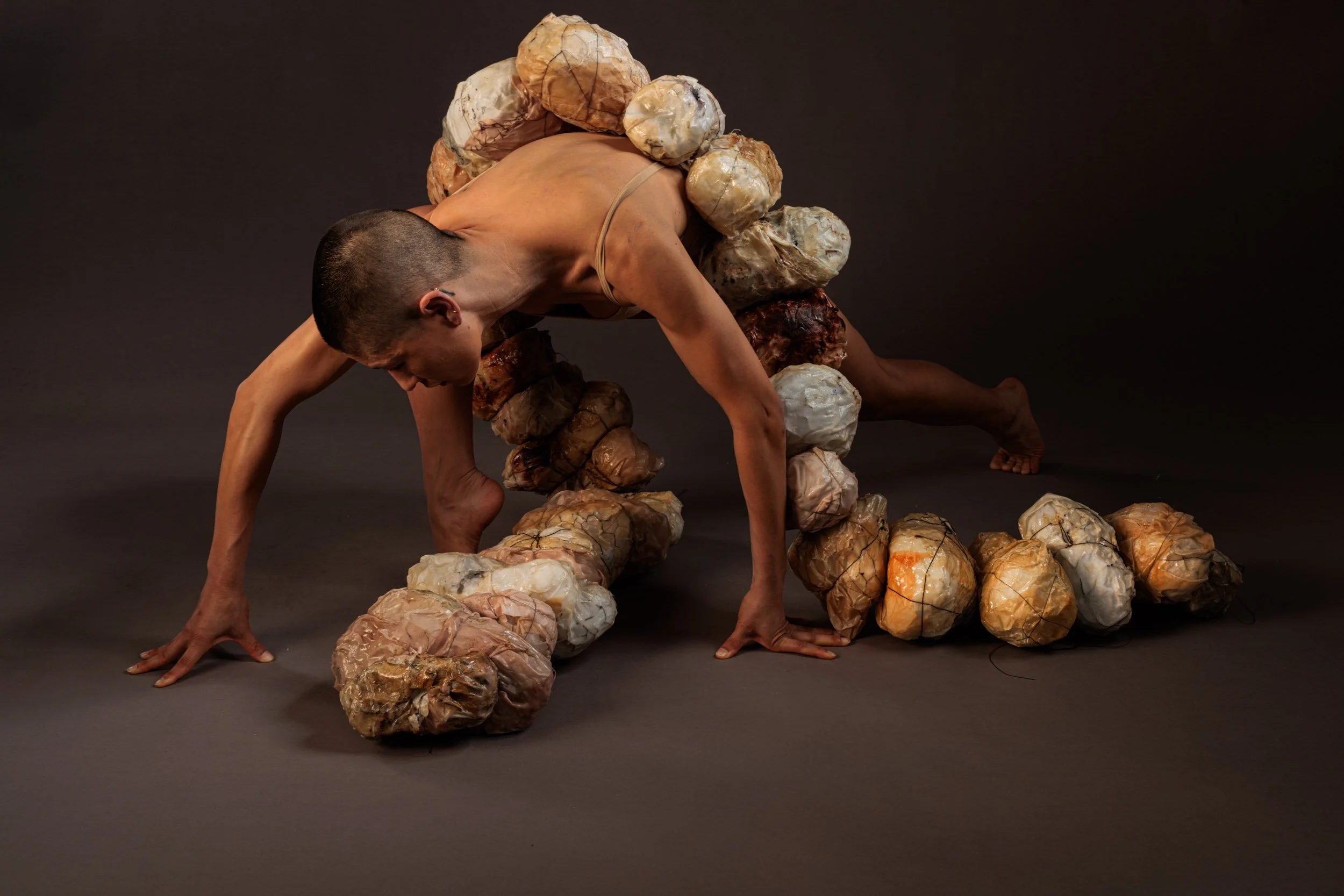 UNTITLED (Fat Balls) Studio Documentation #1, 2026.
Archival pigment print.
The sculpture acts as a manifestation of a massive, bulbous burden that the dancer must literally drag through the space. It’s not protecting her; it’s anchoring her within t