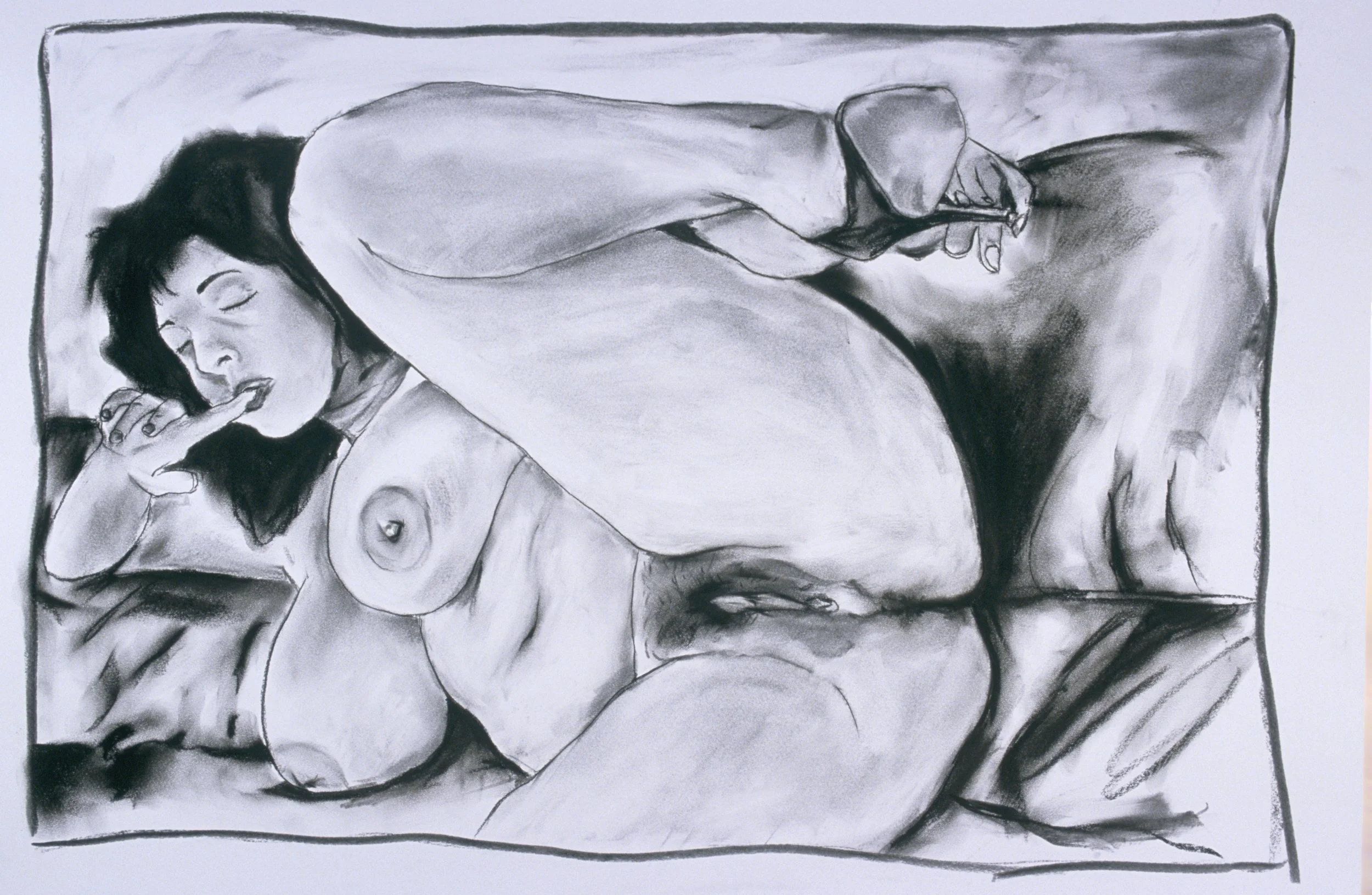 A black and white drawing of a woman with dark hair, lying on her side with her eyes closed, holding a finger to her lips, and with an exposed breast visible.