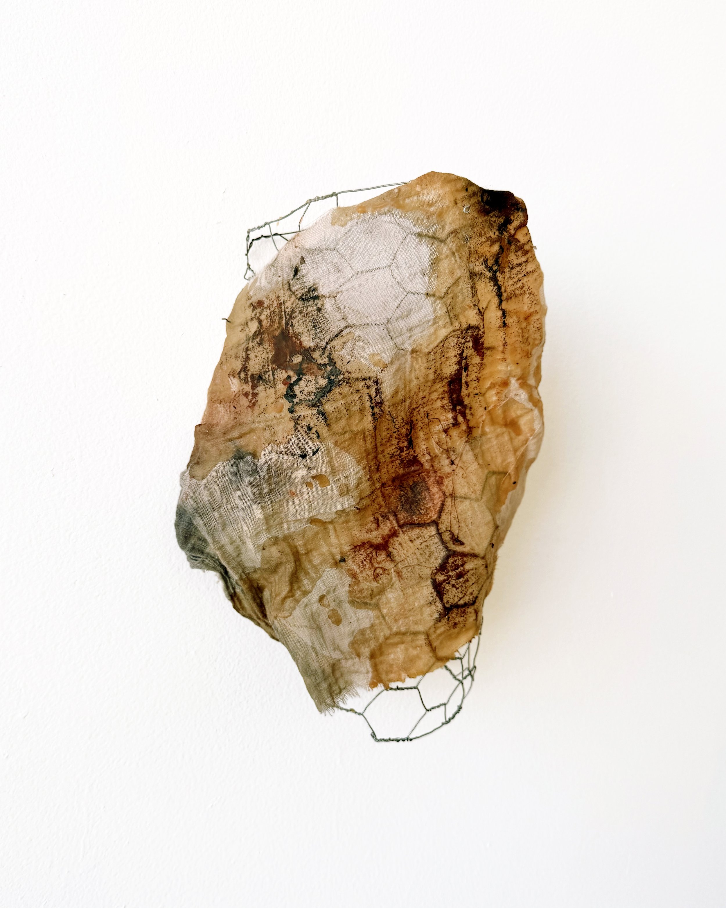UNTITLED (face study I) Medium: Industrial wire, fabric, beeswax, and pigment

Dimensions: 11" H x 8.5" W x 4.5" D

Description: A minimal wall-mounted sculpture exploring the face as a fading memory. Using the structural tension of industrial wire t