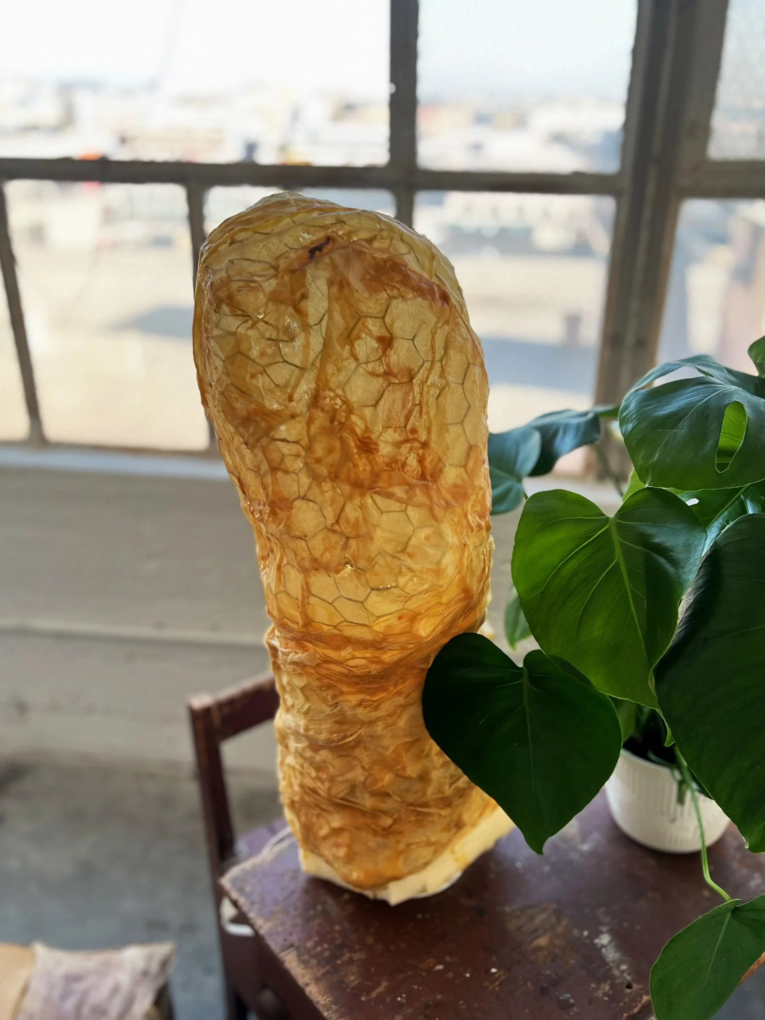 Artistic light sculpture (turned off), organic form using foam, wire, and fabric. Contemporary lighting design by Frankie Holt.
"Table Light | ONE"
$2,000