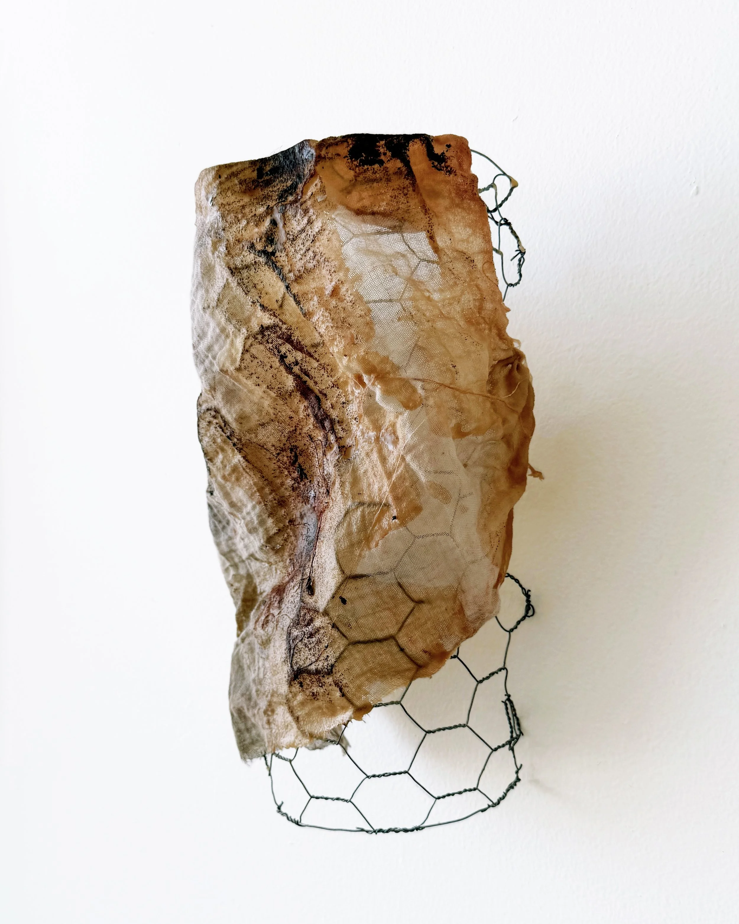 UNTITLED (face study I) Medium: Industrial wire, fabric, beeswax, and pigment [Side view]

Dimensions: 11" H x 8.5" W x 4.5" D

Description: A minimal wall-mounted sculpture exploring the face as a fading memory. Using the structural tension of indus