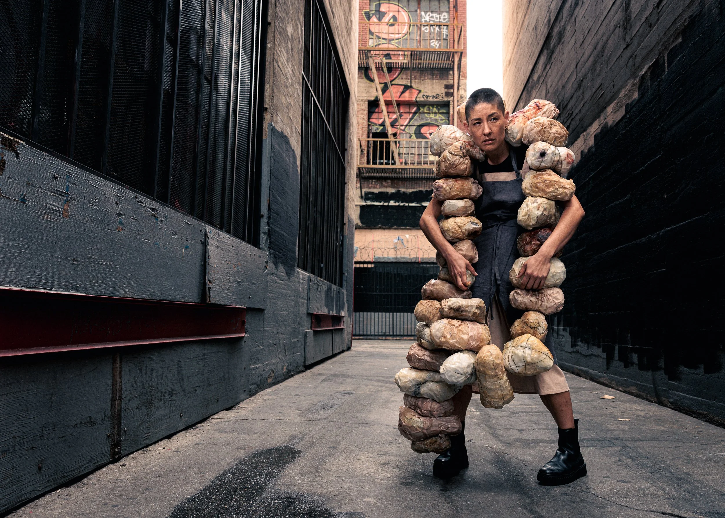 UNTITLED (Fat Balls) Environmental Documentation #4, 2026.
Archival pigment print.
A site-specific activation in a DTLA alleyway. The sculpture acts as a manifestation of a massive, bulbous burden that the dancer must literally drag through the space