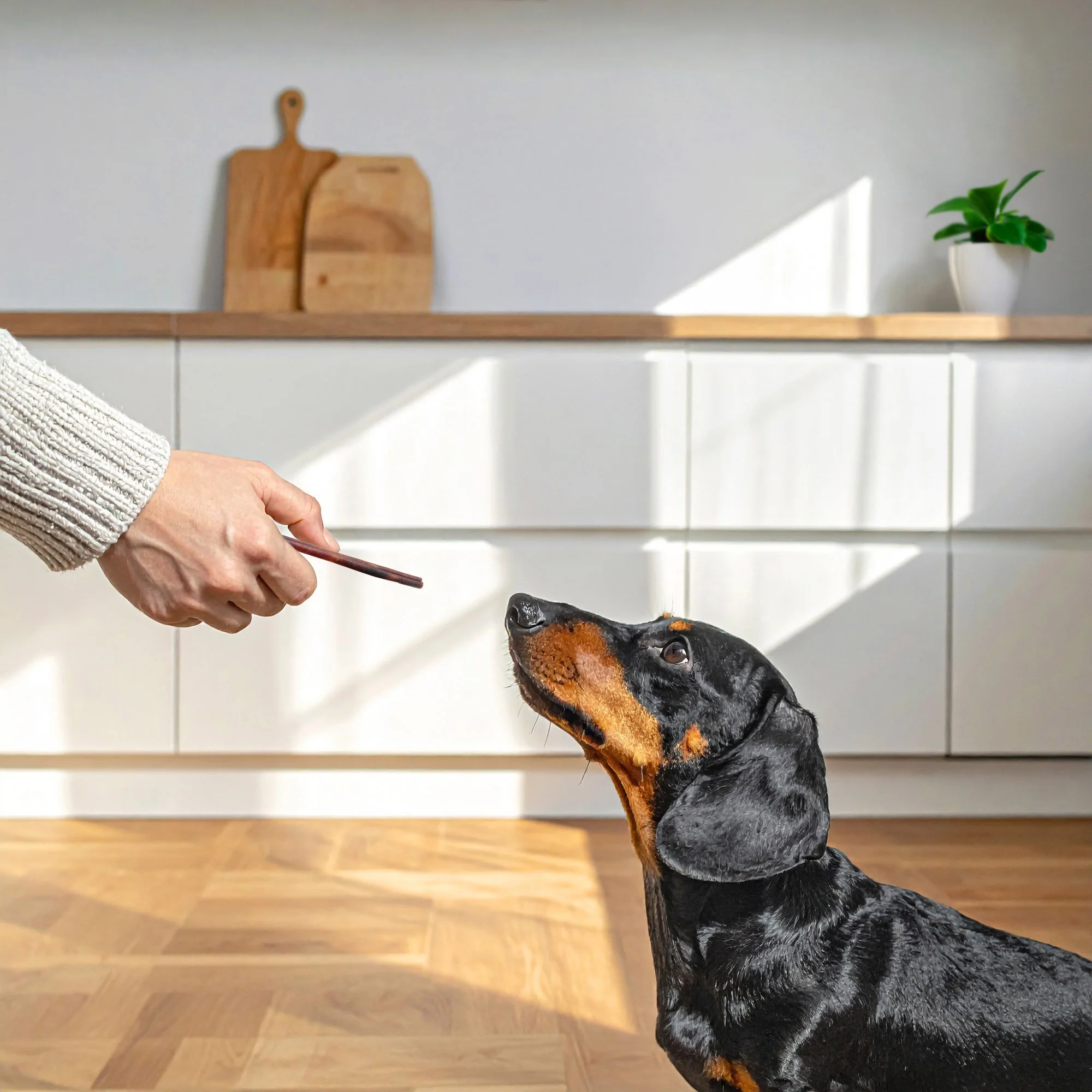 A person offering a treat to a black and tan coonhound puppy sitting indoors on a wooden floor, with kitchen cabinets and cutting boards in the background.