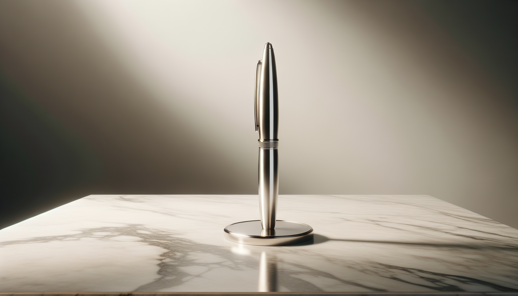 A silver pen standing upright on a circular silver pen holder on a marble surface with a neutral background. Included as an illustration for peace of mind estate, trust, intellectual property, and tax planning.