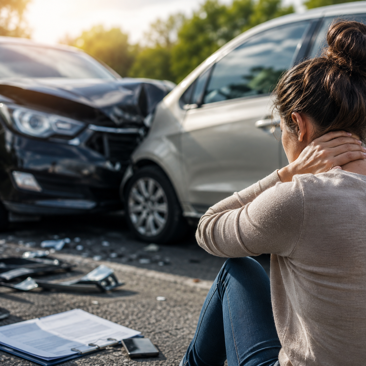 Woman experiencing neck pain after a car accident, representing personal injury legal services in San Antonio.