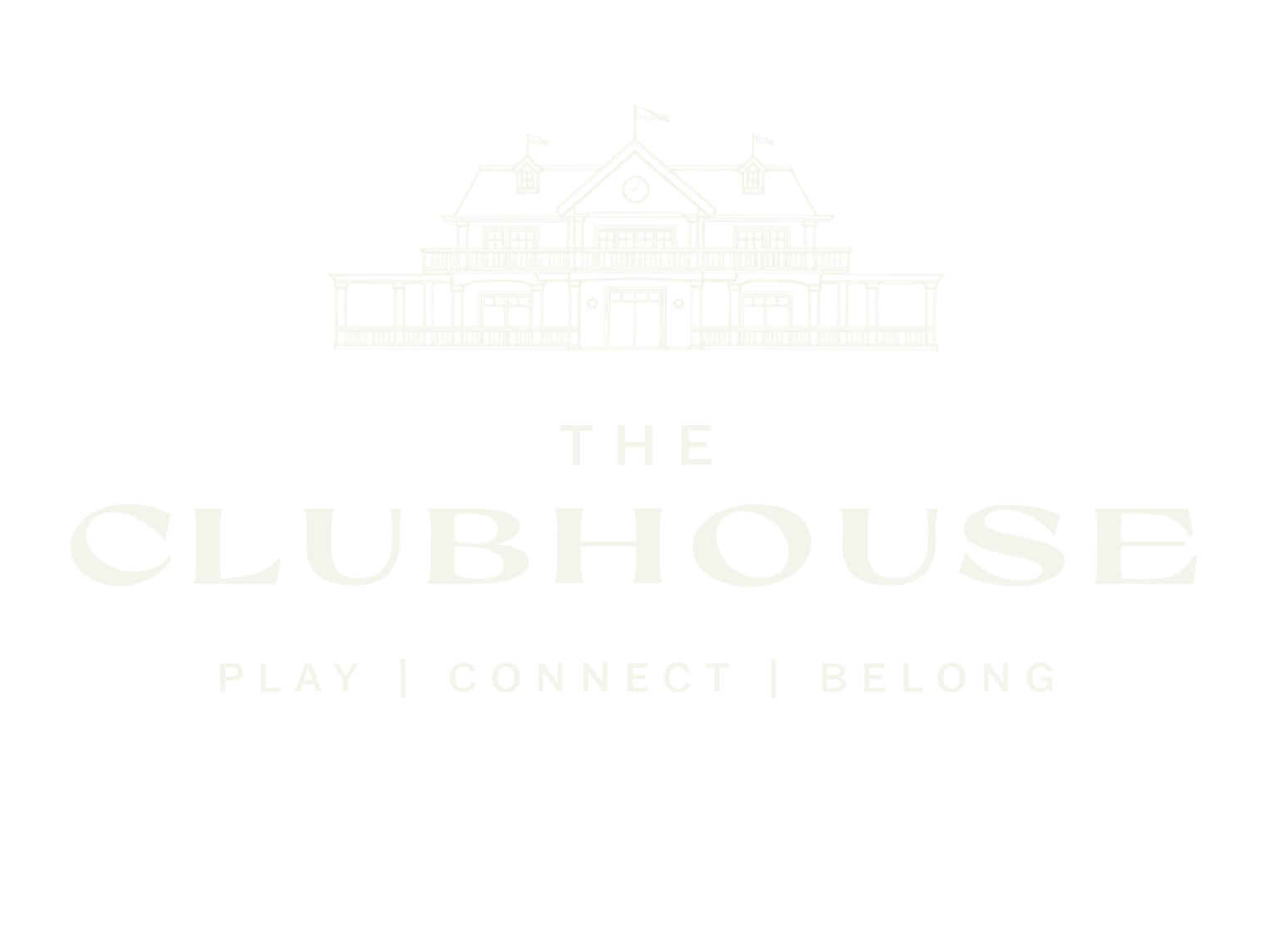 Logo for The Clubhouse featuring a line drawing of a large, classic clubhouse with a porch and flags, and the words 'The Clubhouse' with the tagline 'Play | Connect | Belong' underneath.