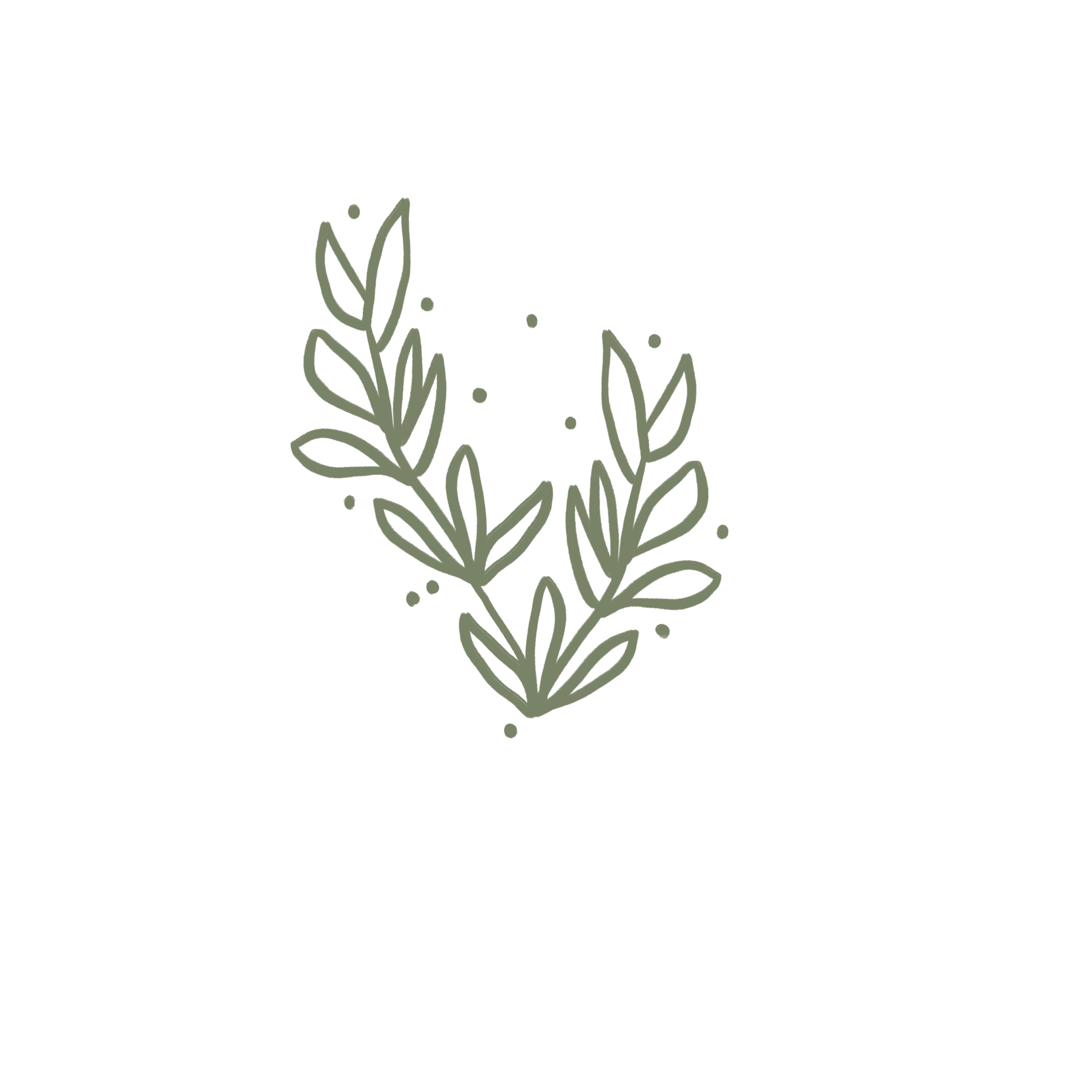 Simple hand-drawn graphic of a green leafy branch with small dots around it on a black background.