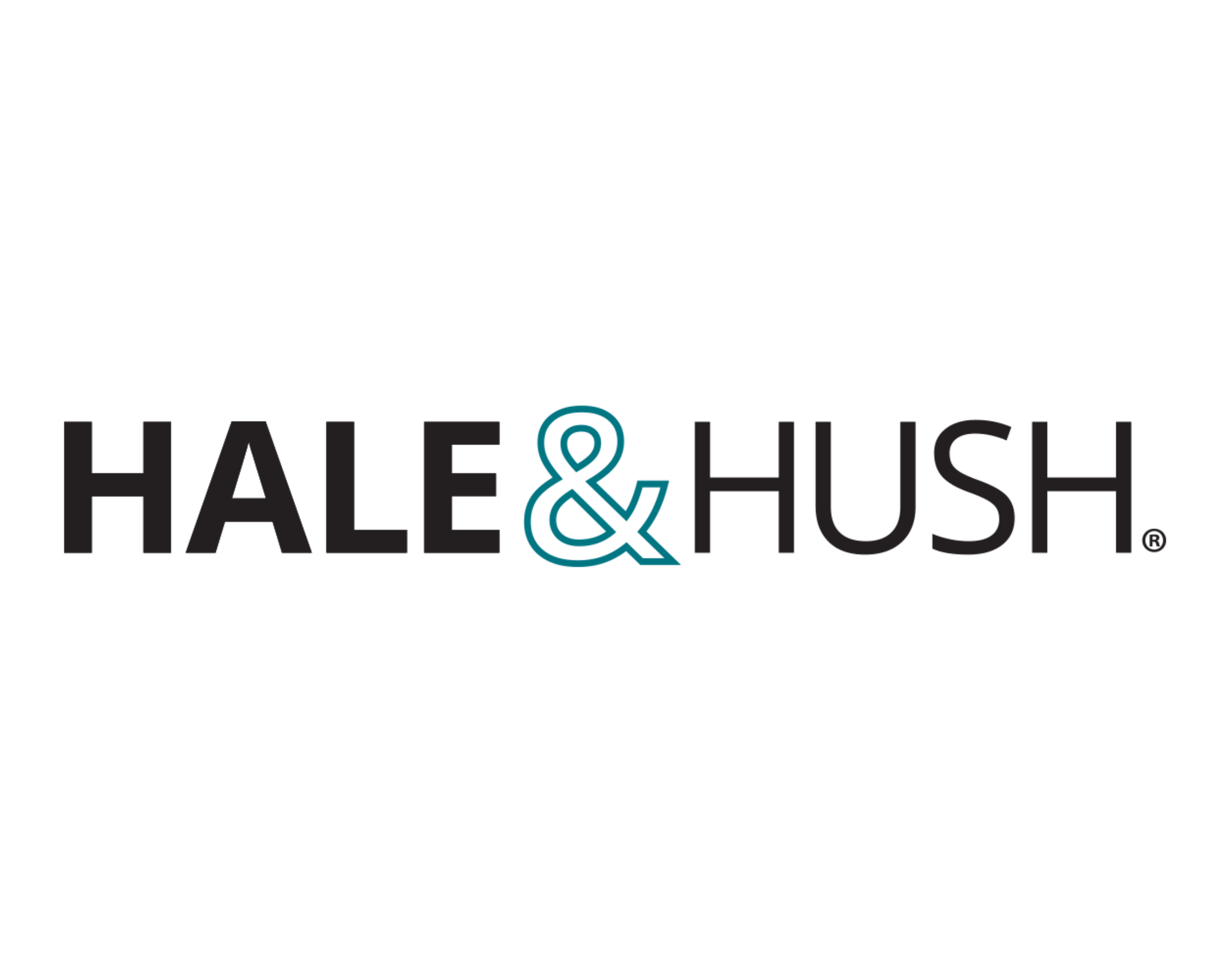 Logo for Hale & Hush with black text and a blue and white ampersand