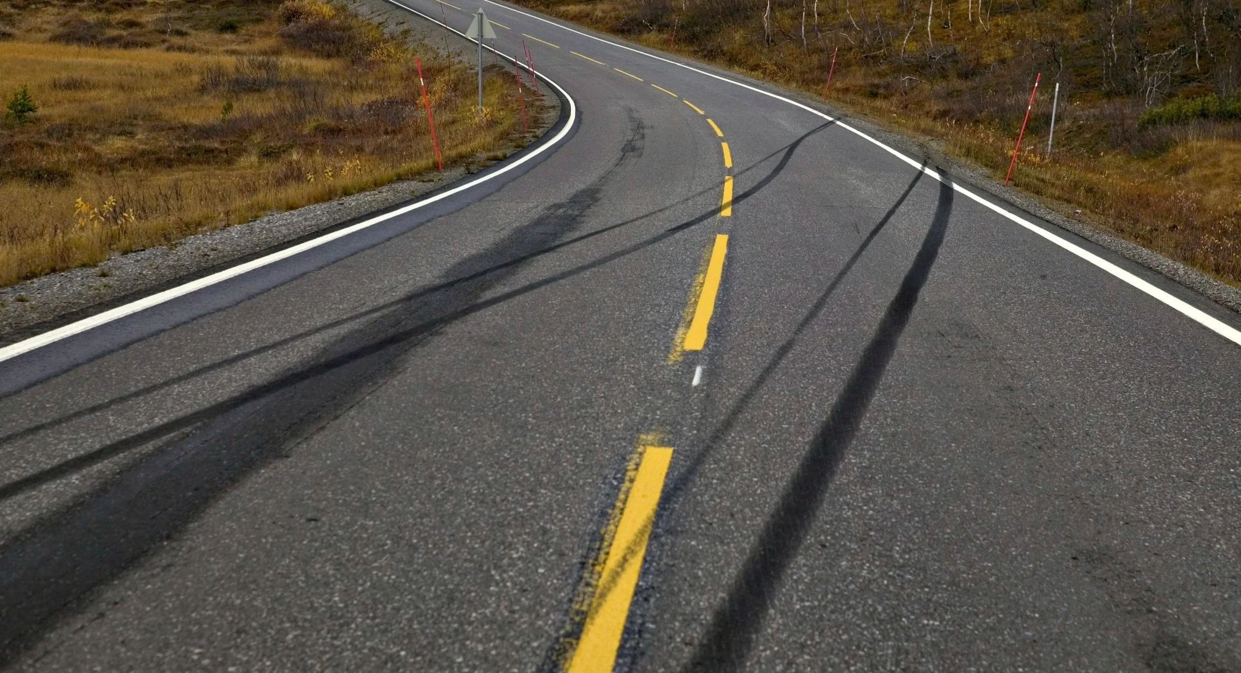 A curving rural asphalt road with yellow center lines, white edge lines, and red roadside markers, through a landscape with grass and sparse trees.