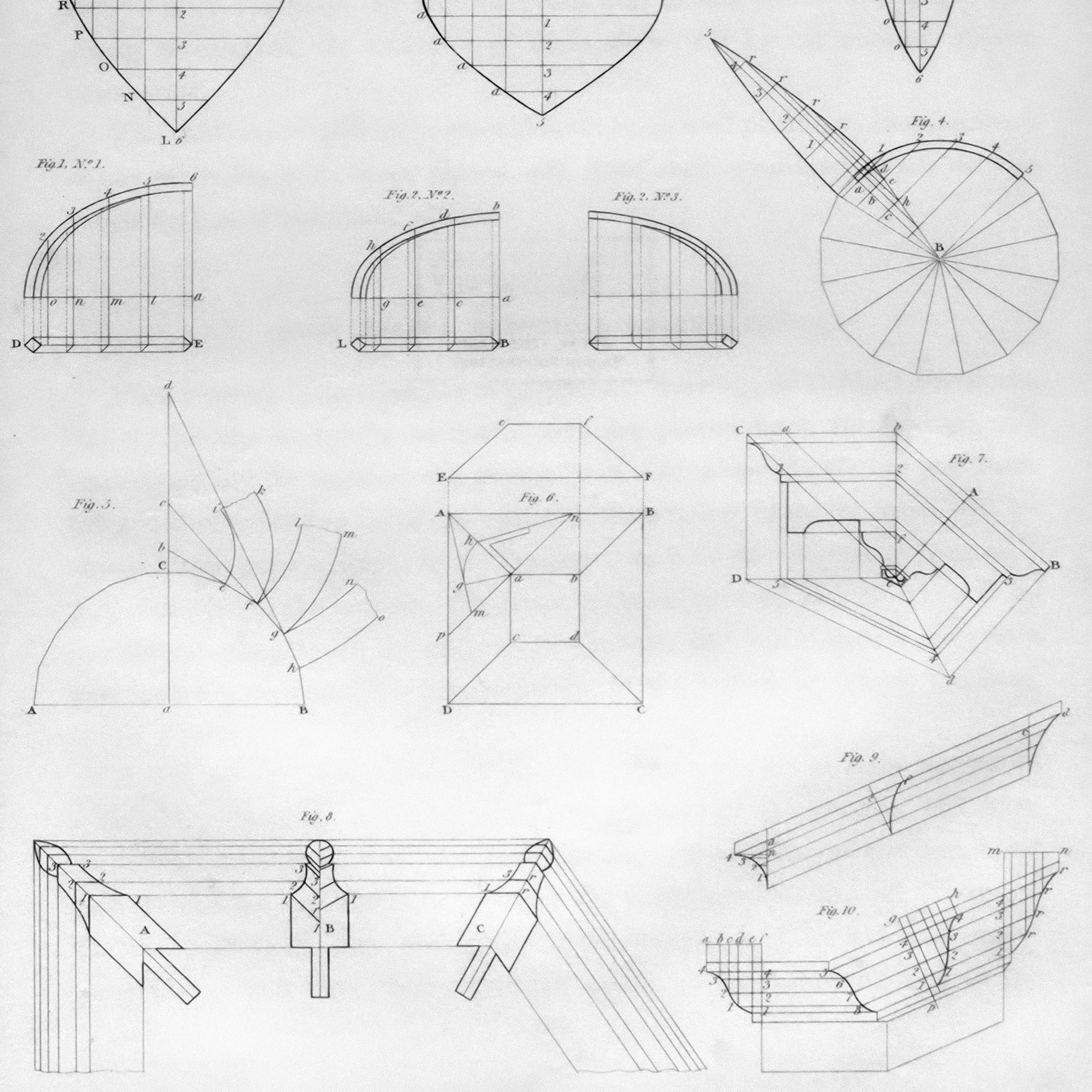 A collection of technical engineering diagrams and sketches, including geometrical shapes, mechanical parts, and construction illustrations, all rendered in black line work on a white background.