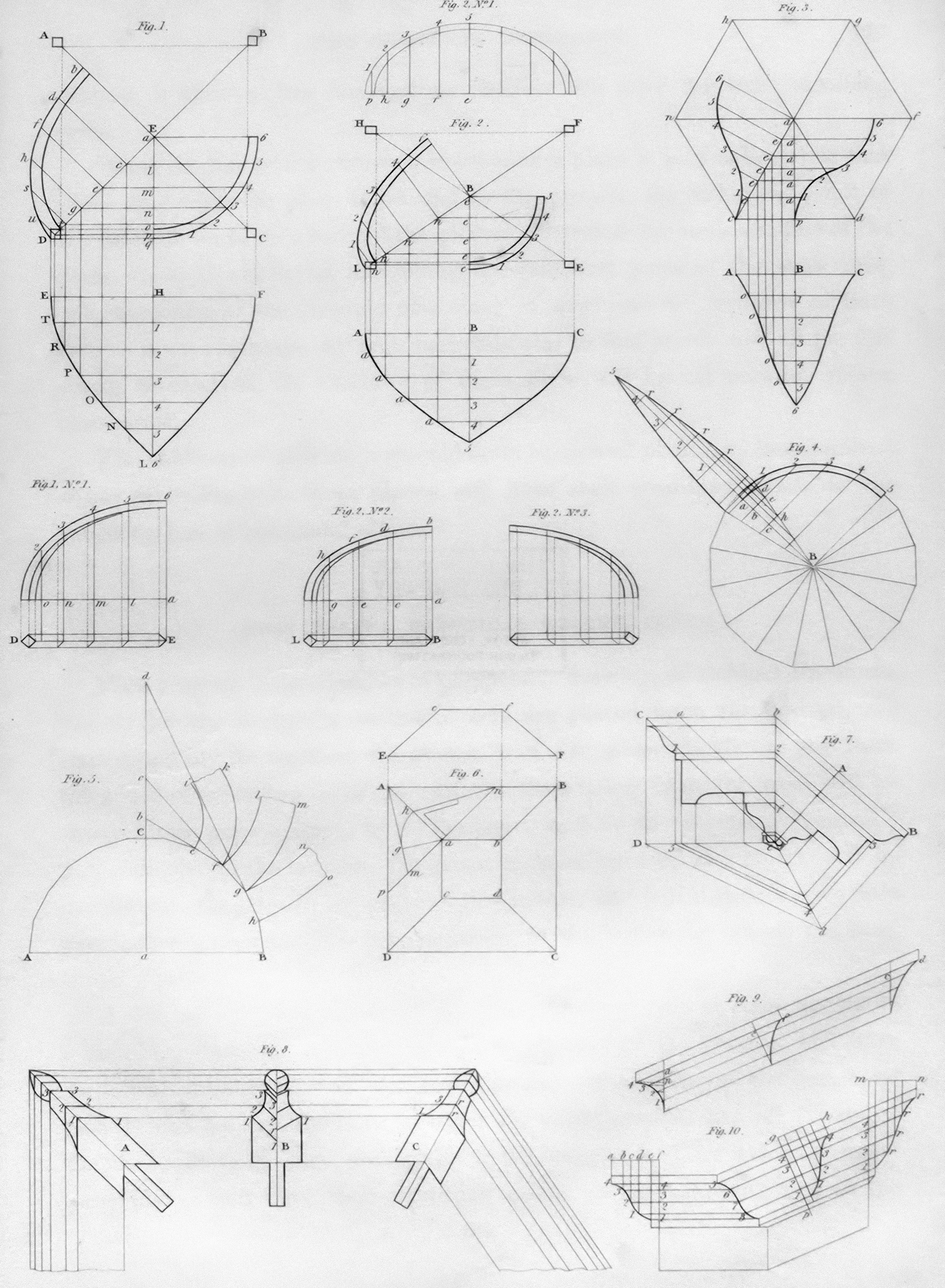 A technical drawing with multiple geometric and mechanical diagrams, including circles, cones, ellipses, and perspective projections.